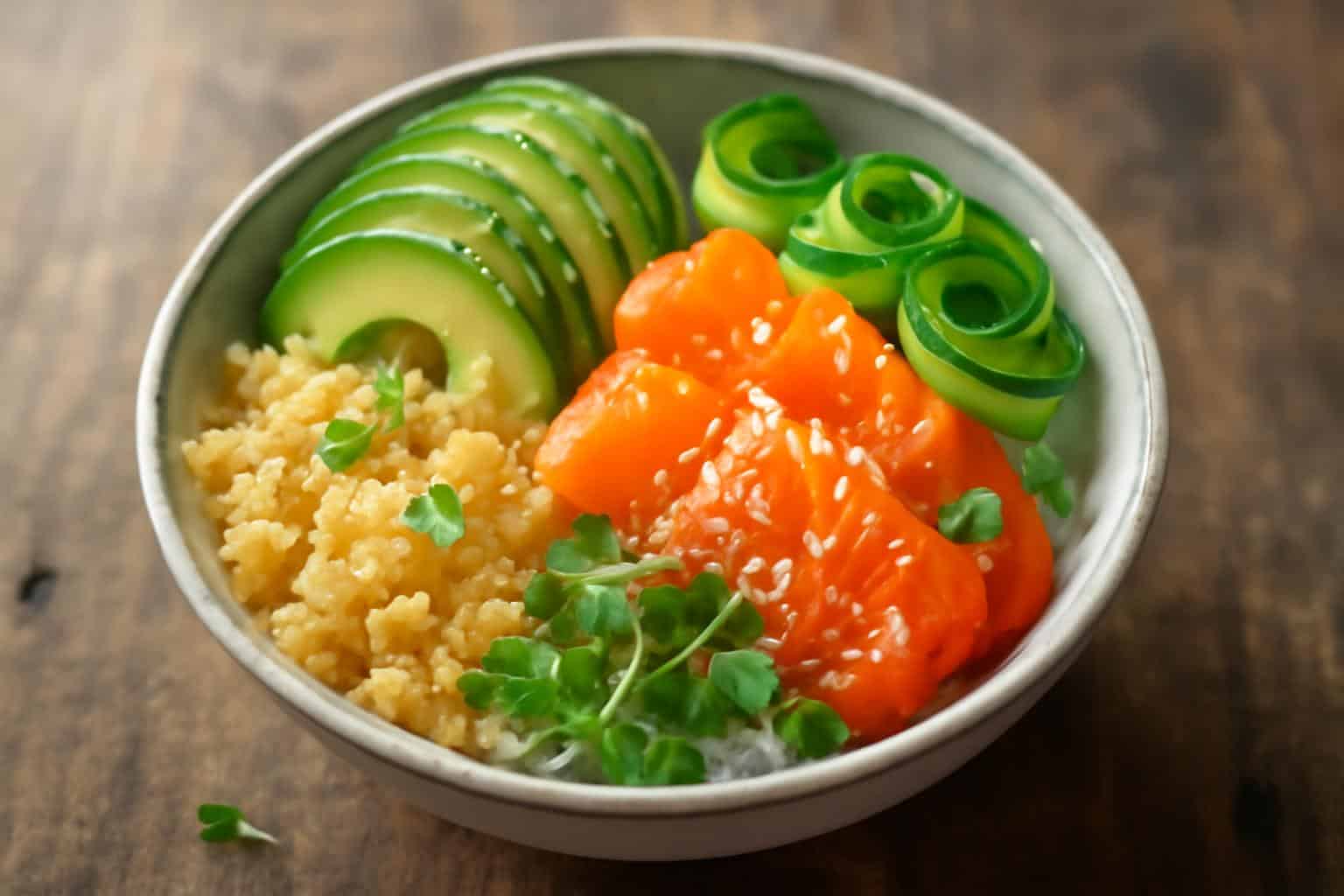 crispy sushi bowl with tempura flakes, fresh salmon, avocado, and cucumber ribbons