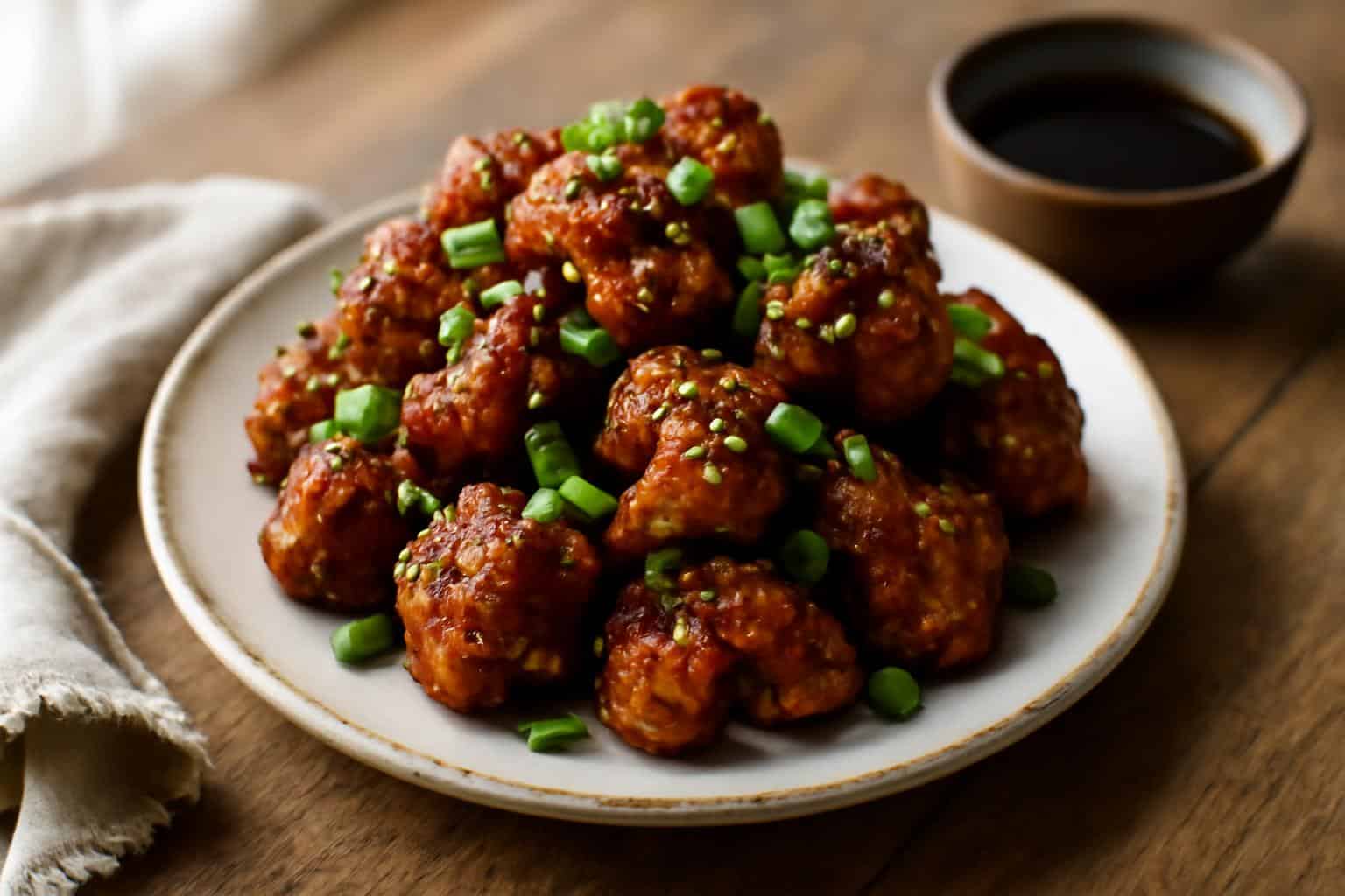 Crispy vegan teriyaki cauliflower wings garnished with sesame seeds and green onions