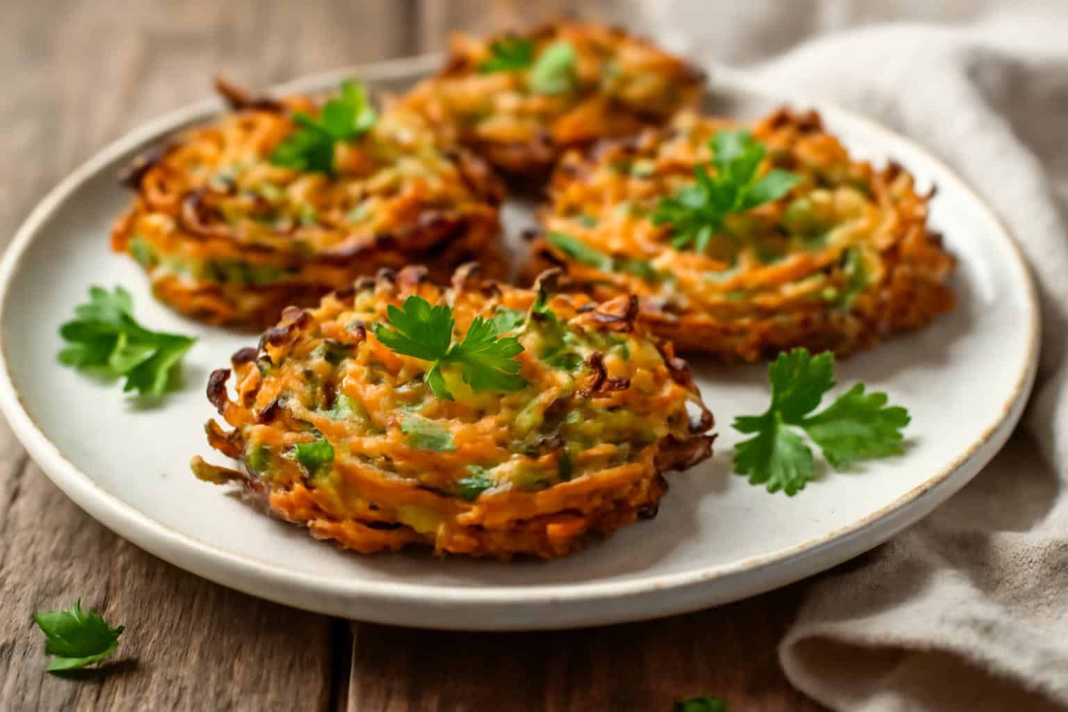 Crispy veggie nests with golden edges and colorful vegetables, baked and garnished with fresh parsley