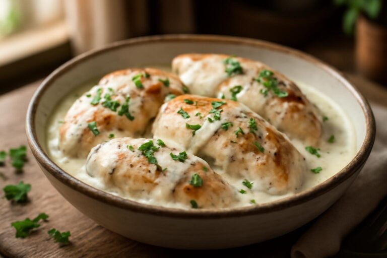 Creamy ranch chicken in crock pot with fresh parsley garnish and creamy sauce
