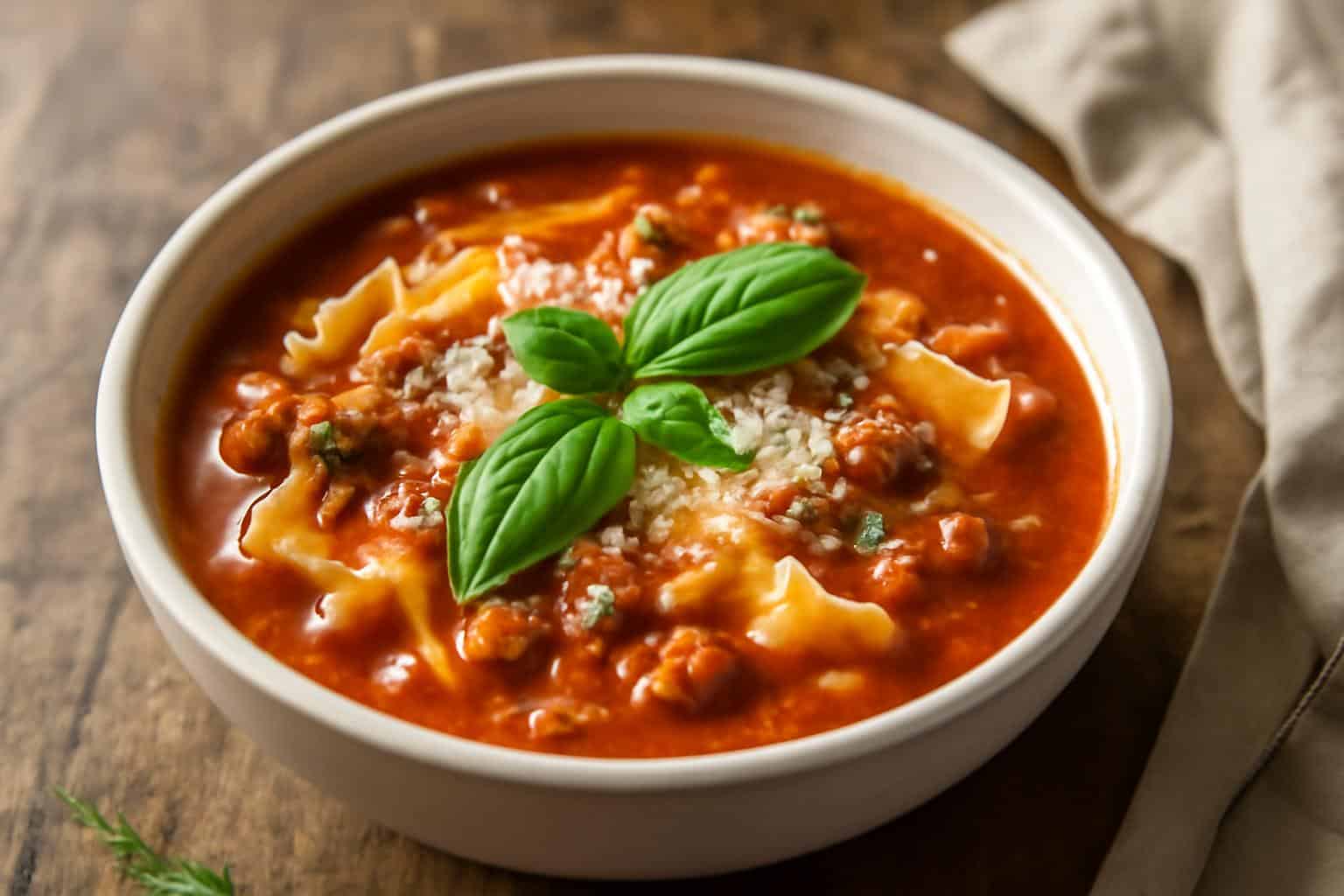 Crockpot lasagna soup in a bowl with fresh basil and Parmesan cheese garnish