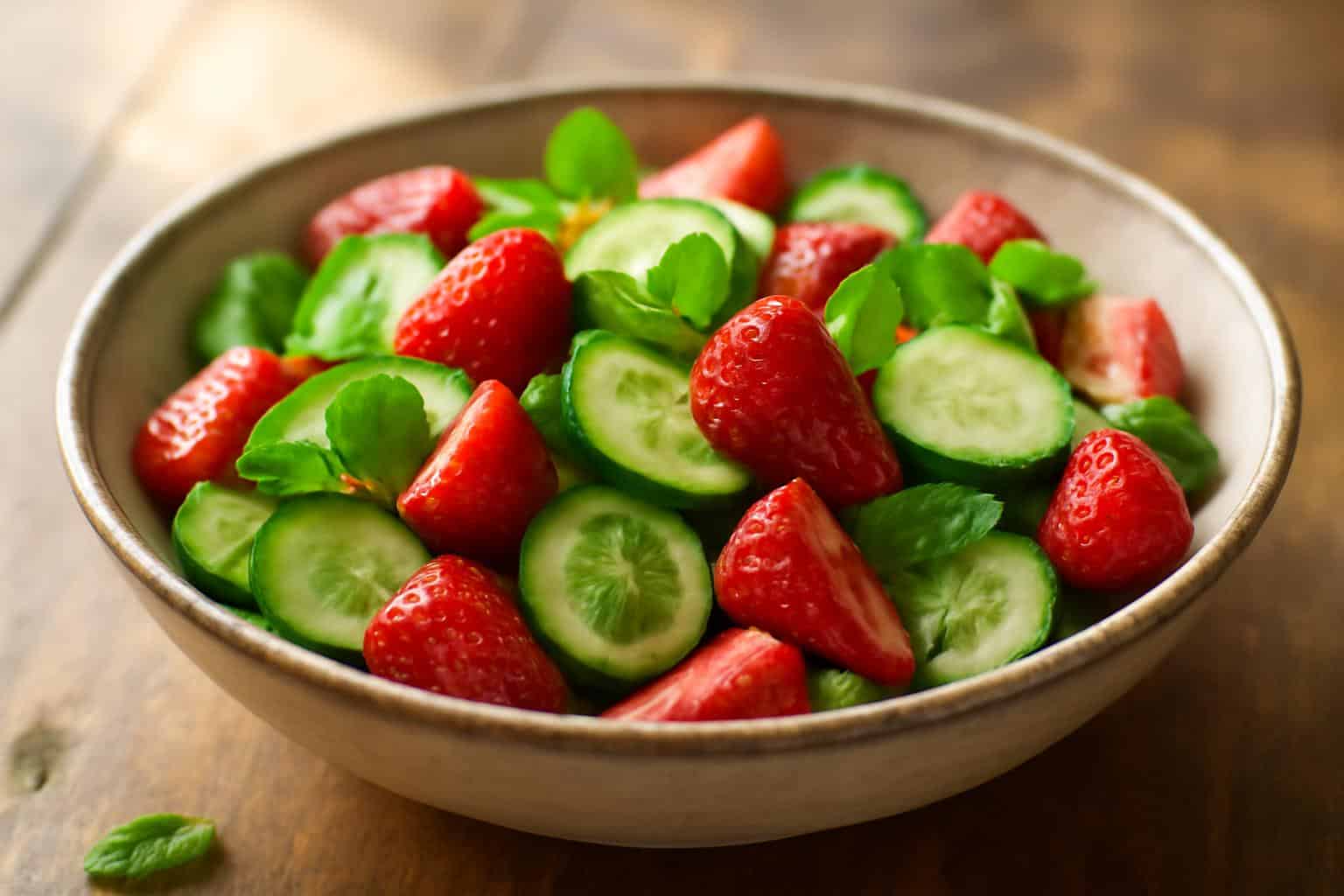 Fresh cucumber strawberry salad with mint garnish in a rustic bowl, showcasing vibrant colors and textures