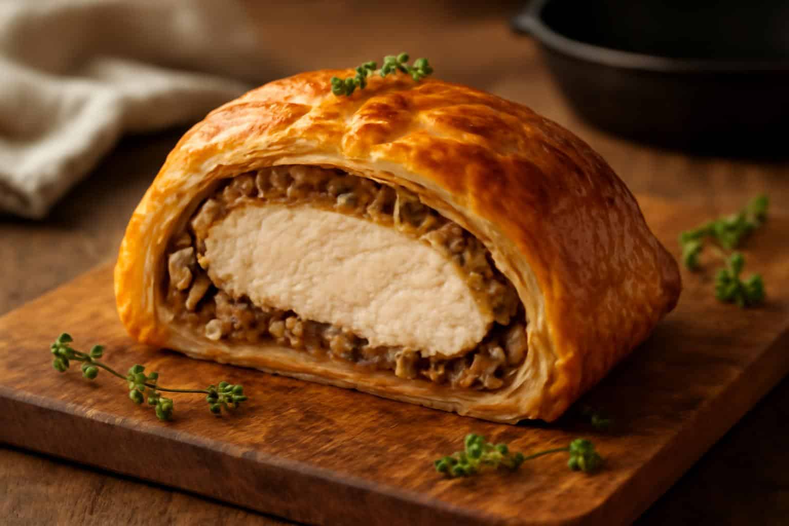 Golden-brown chicken wellington sliced open showing tender chicken and mushroom filling