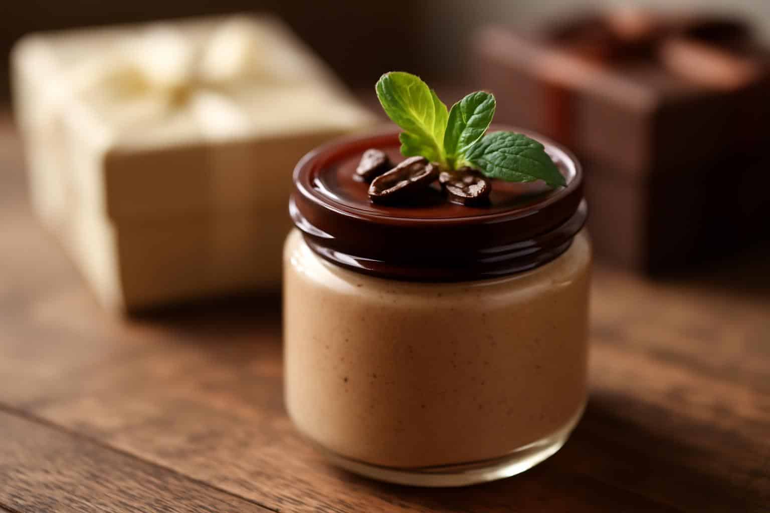 Close-up of coffee mousse topped with dark chocolate ganache in a glass jar with coffee beans garnish