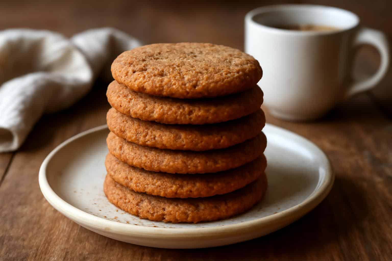 Freshly baked coffee sugar cookies with sugar crystals and coffee specks on a rustic plate