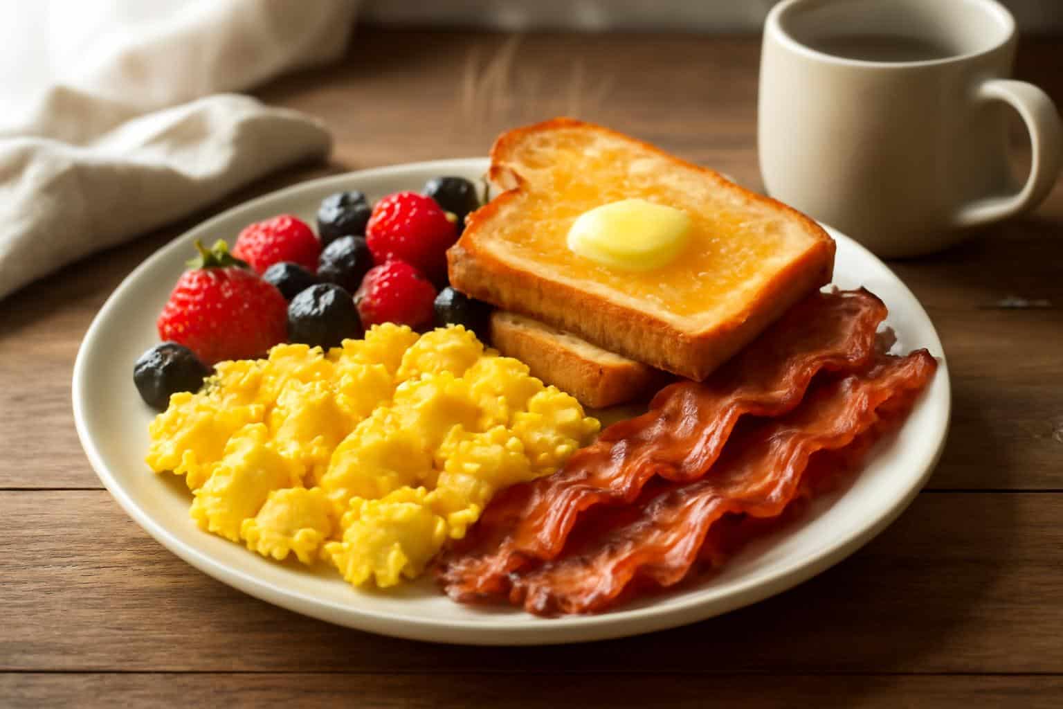A delicious breakfast time plate with scrambled eggs, bacon, toast, and fresh berries in natural light