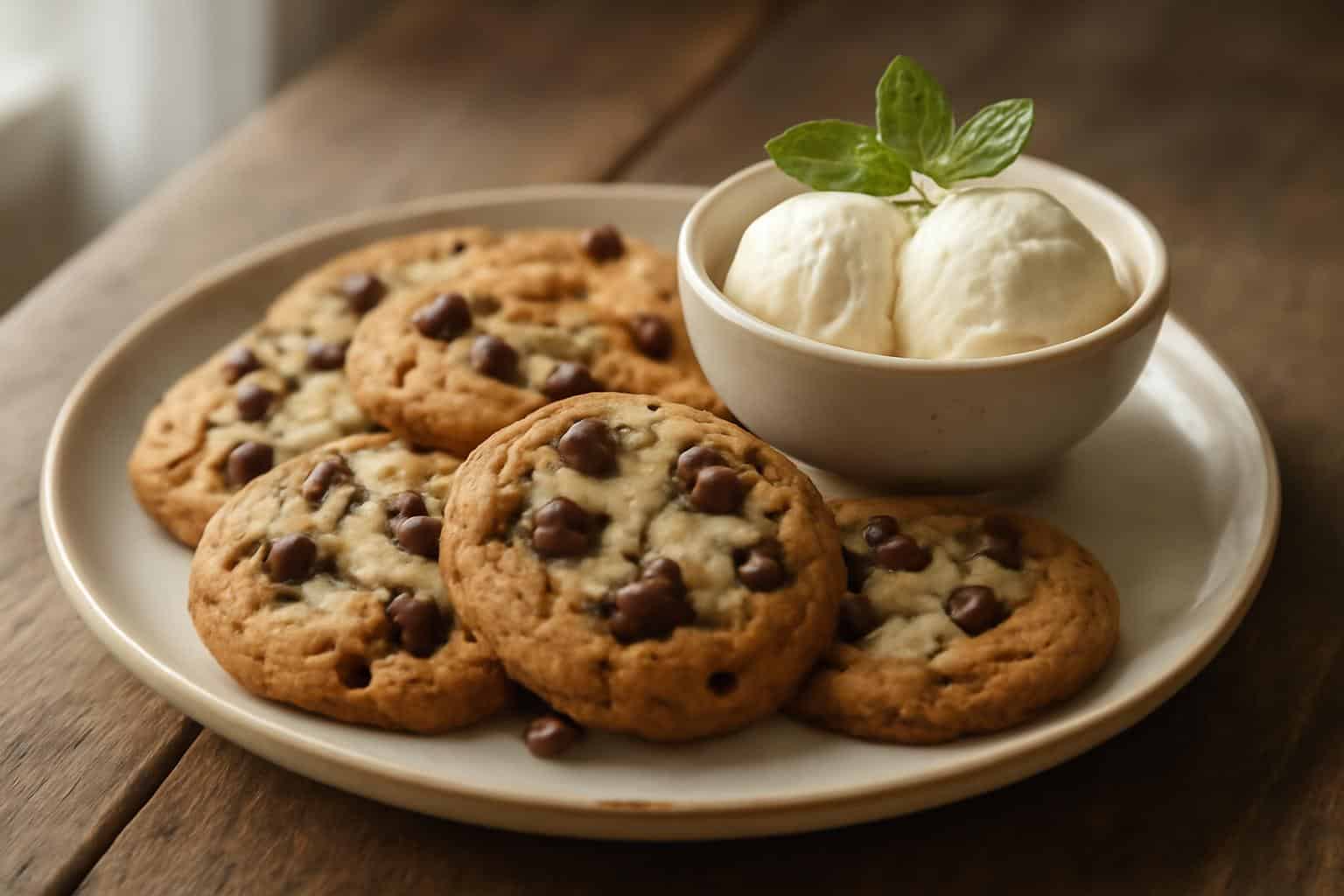 Easy dessert recipes featuring freshly baked chocolate chip cookies with melted chocolate chips and vanilla ice cream