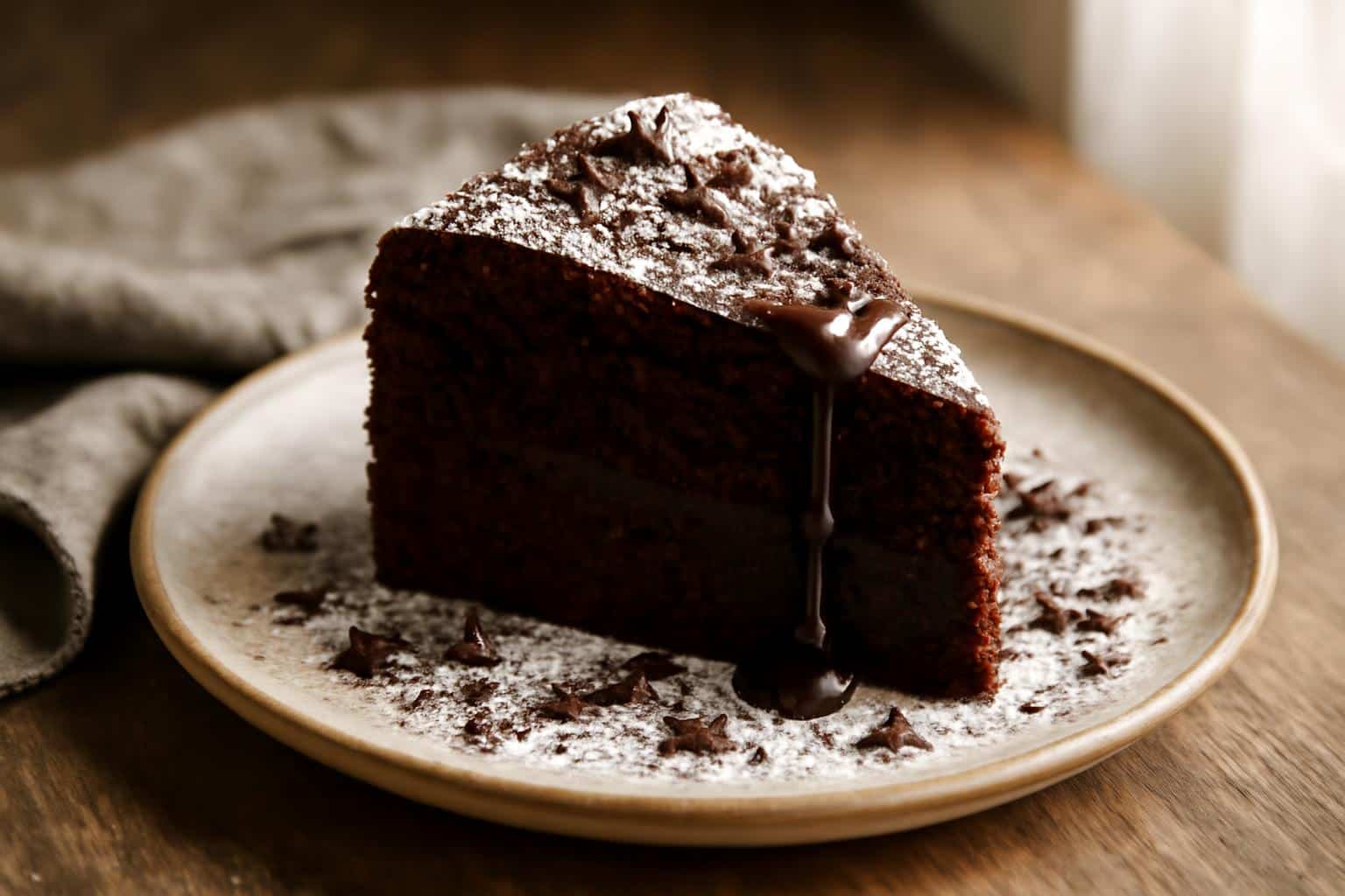 A slice of double chocolate coffee cake with glossy chocolate drizzle and powdered sugar on top