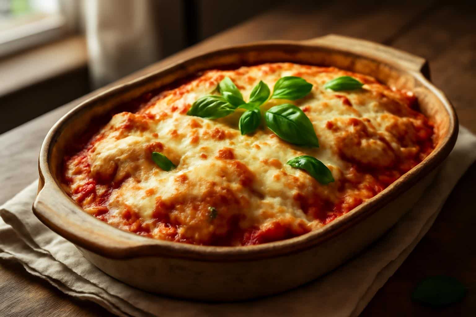 Golden baked chicken parmesan casserole with melted cheese and fresh basil garnish