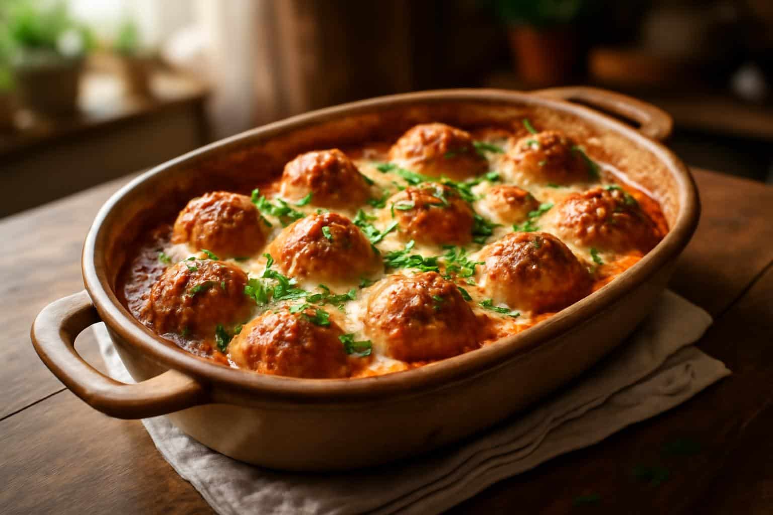 Golden baked dump and bake meatball casserole garnished with fresh parsley and melted cheese
