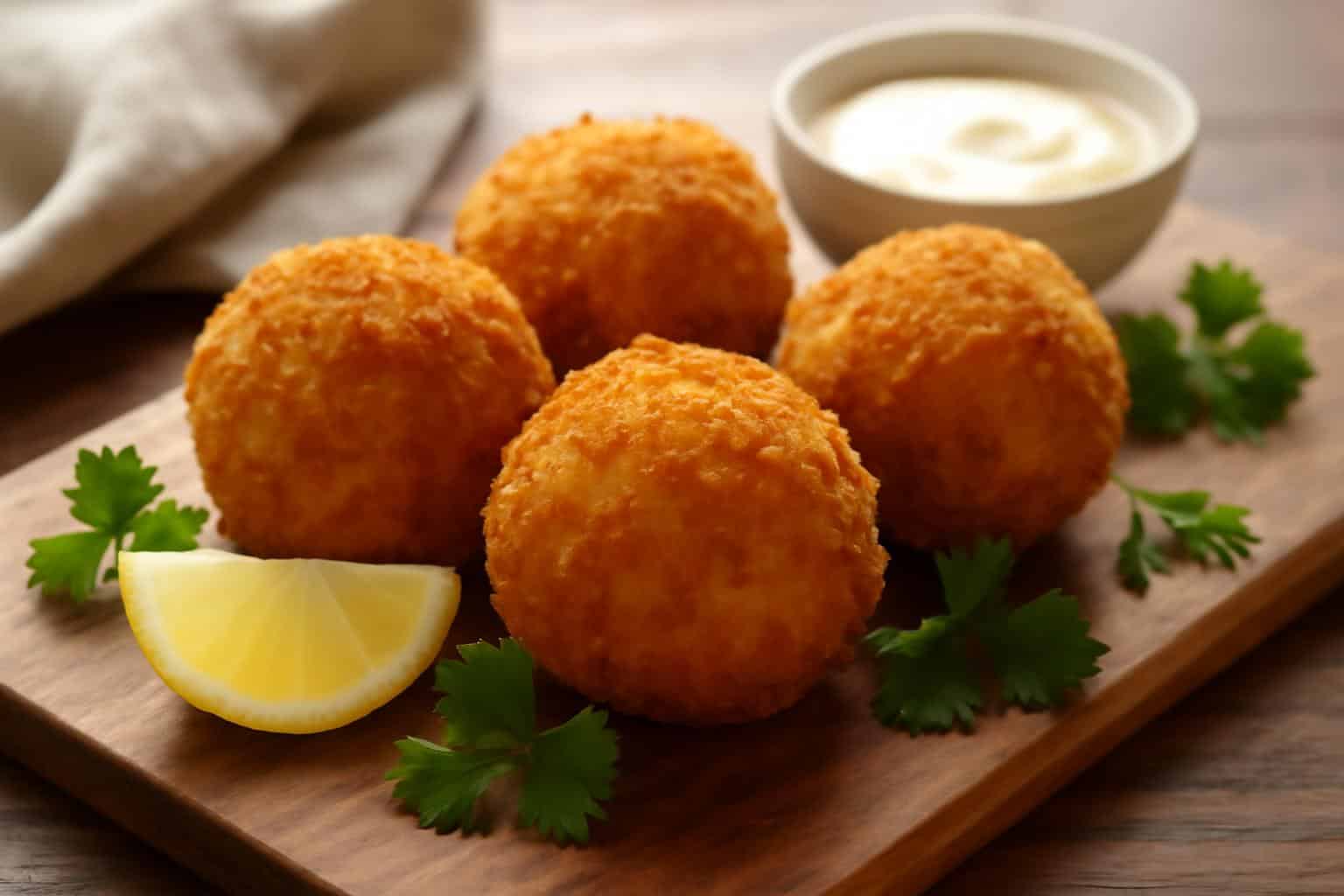 Golden crispy crab bombs appetizer with parsley garnish and lemon wedges on rustic board