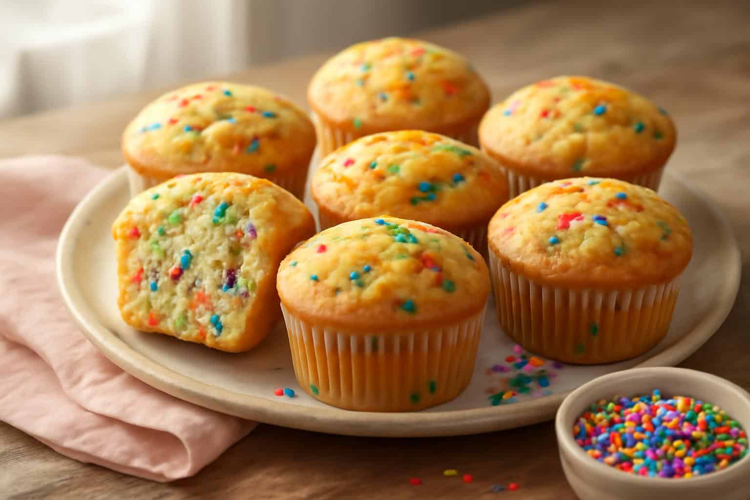Freshly baked colorful funfetti muffins with sprinkles inside on a rustic surface, perfect funfetti muffins for lunchbox