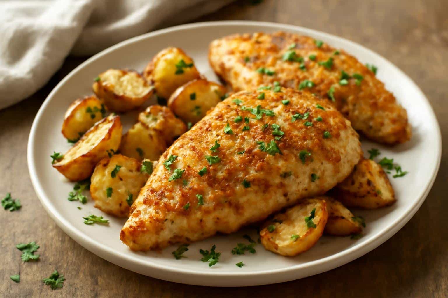 Garlic parmesan chicken served with crispy roasted potatoes garnished with parsley