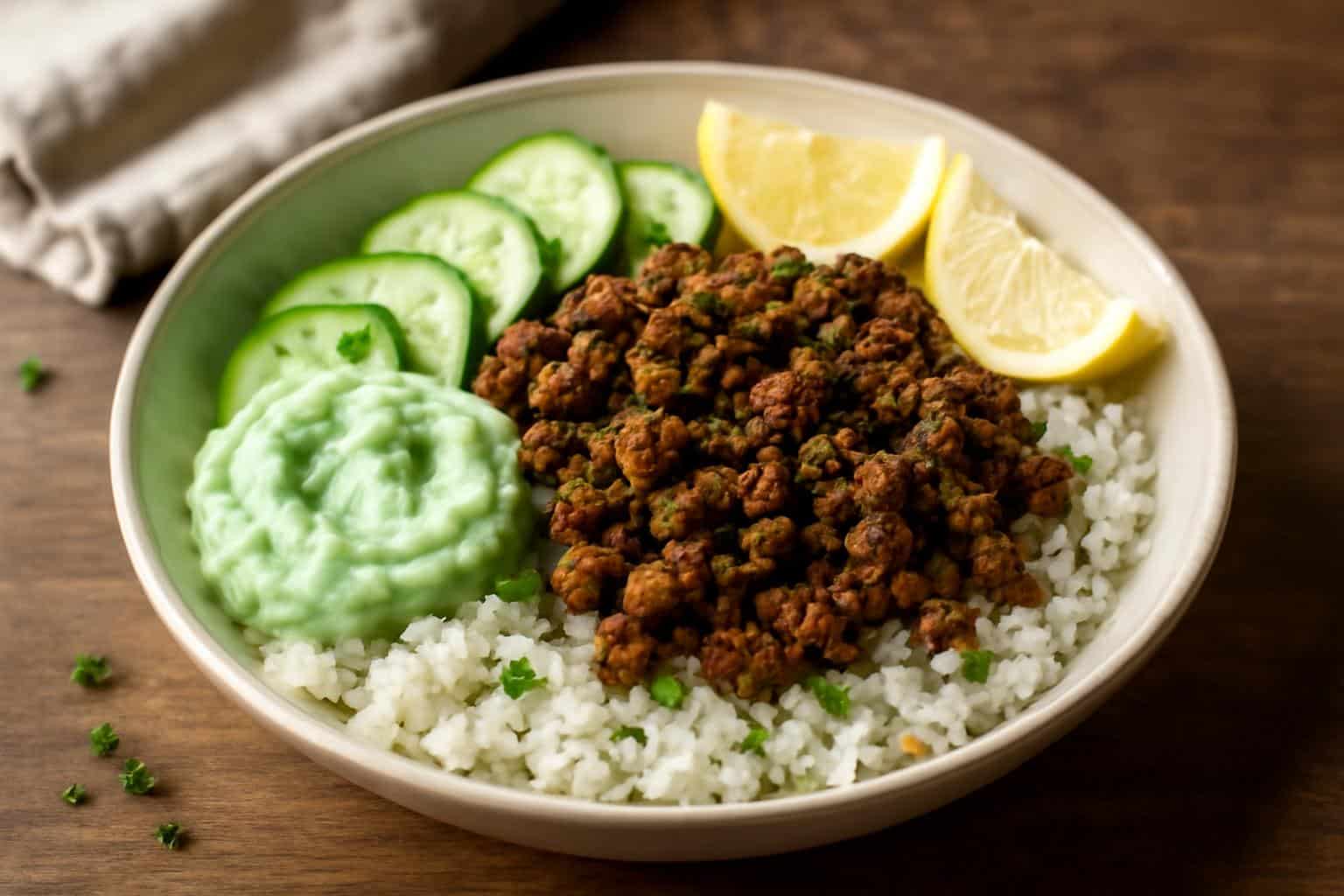 Greek ground beef rice bowl topped with creamy tzatziki and fresh cucumber garnish