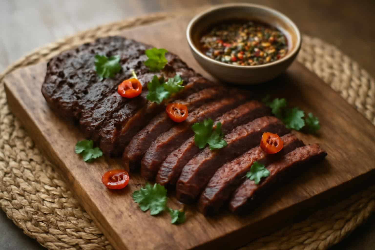 Easy grilled Thai crying tiger beef sliced with char marks and garnished with cilantro and red chilies