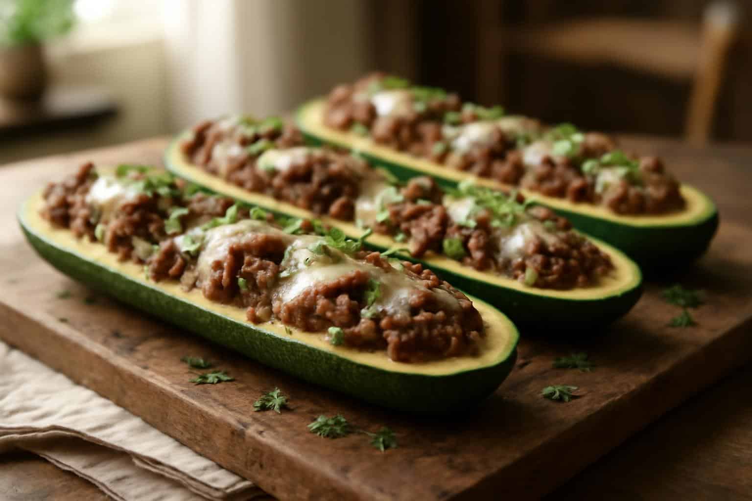 Baked ground beef zucchini boats with melted cheese and parsley garnish
