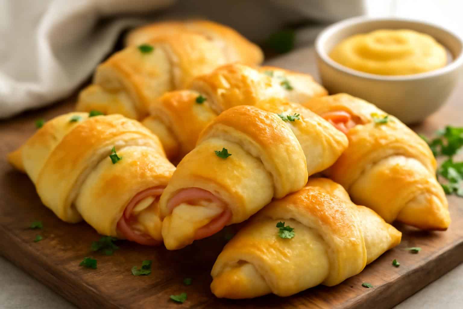 Baked ham and cheese crescent roll-ups on wooden board with parsley garnish