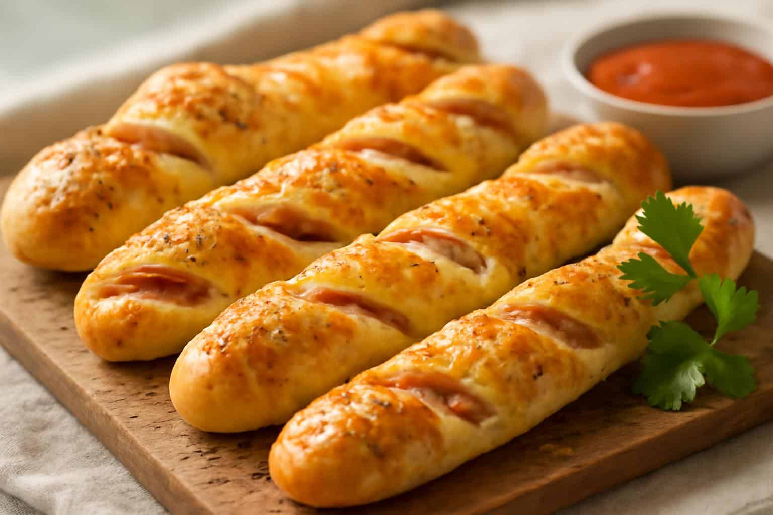 Golden baked ham and cheese sticks garnished with parsley on rustic board with dipping sauce