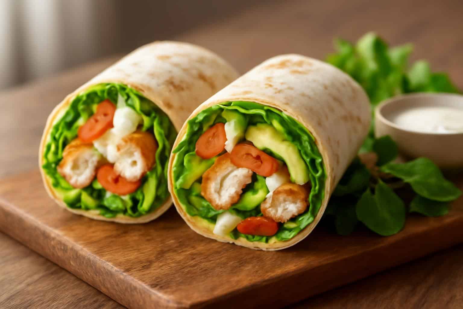 Healthy chicken wrap sliced with grilled chicken, avocado, and fresh greens, low carb high protein meal