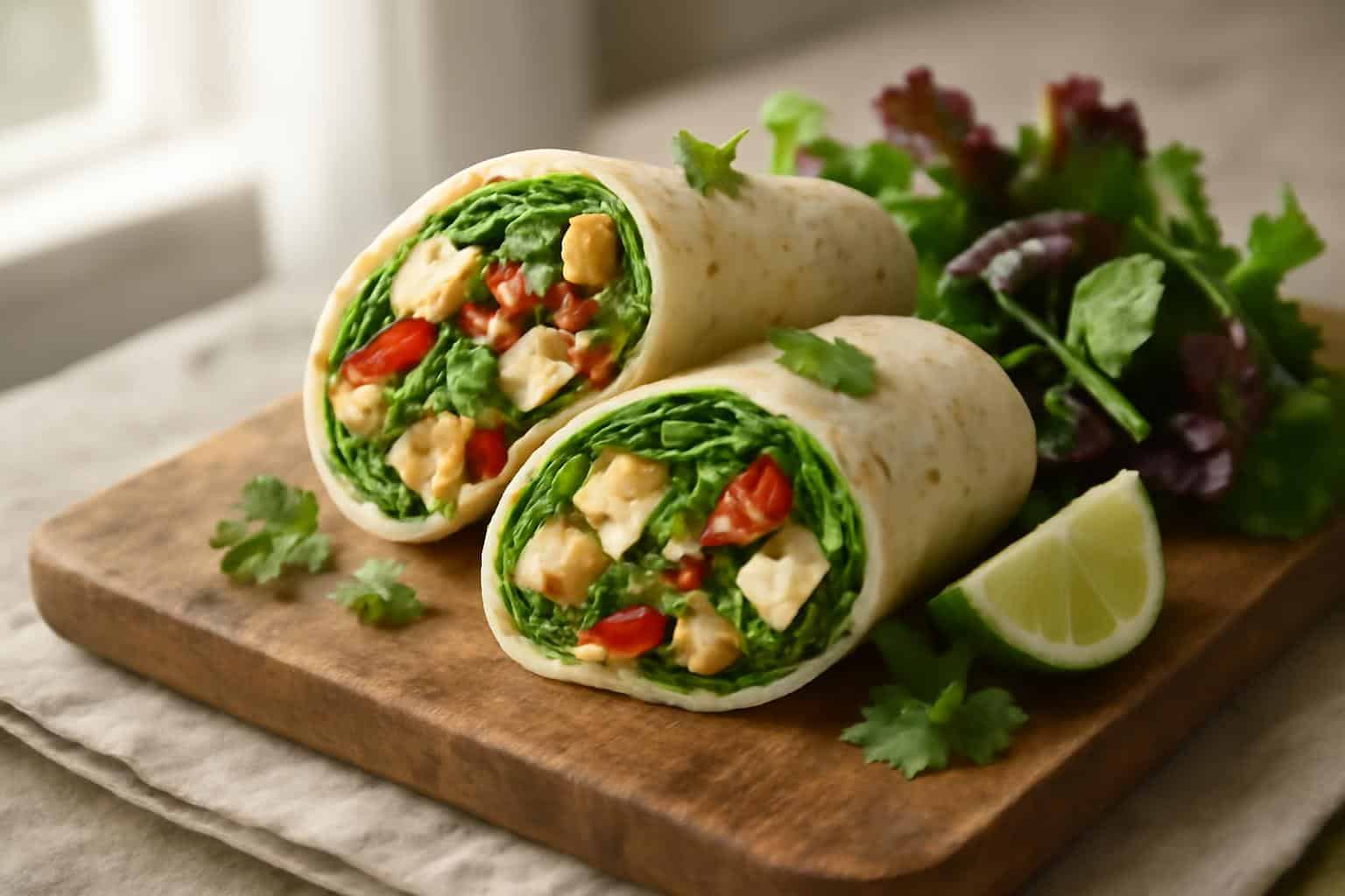 Healthy chicken wrap cut in half showing low carb filling and fresh greens