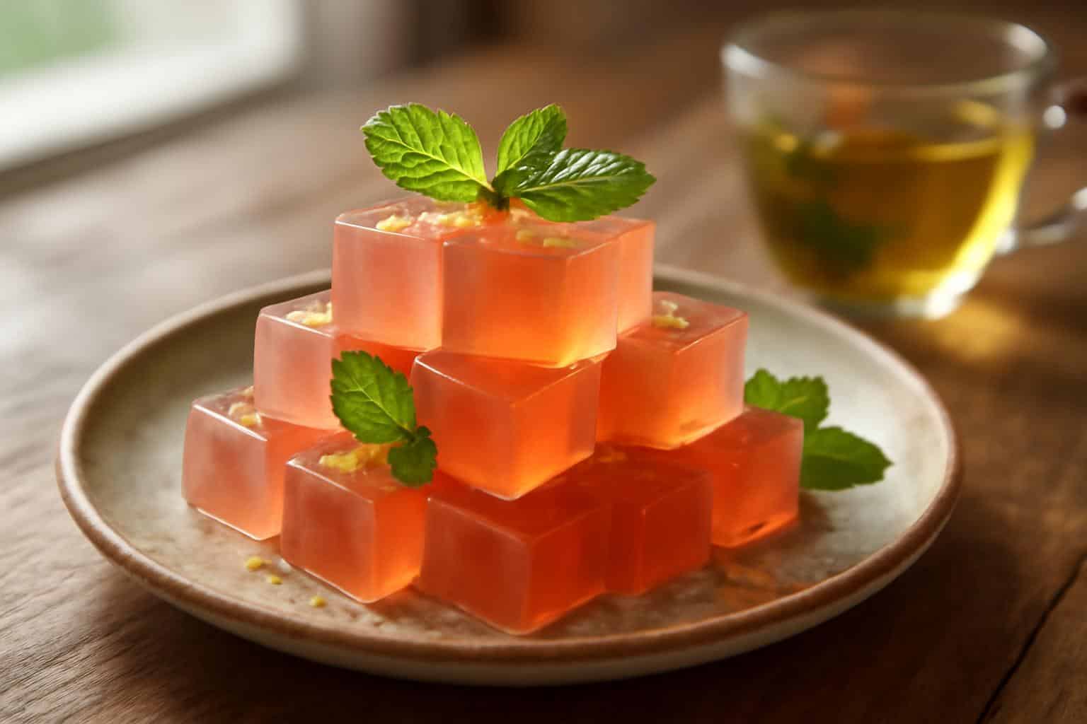 healthy skin cubes dessert with herbal detox tea garnished with mint and lemon zest