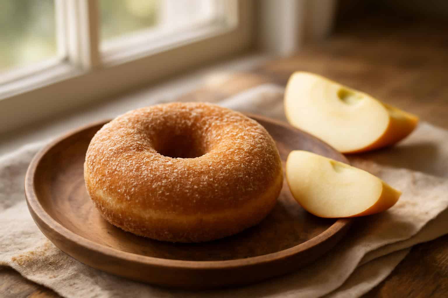 Freshly baked apple cinnamon donuts with cinnamon sugar glaze on rustic plate