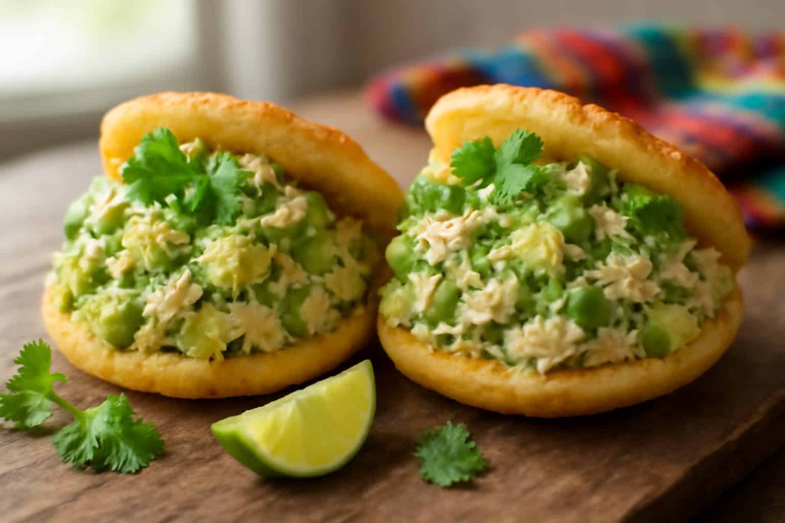 Arepa reina pepiada filled with creamy chicken and avocado on rustic surface