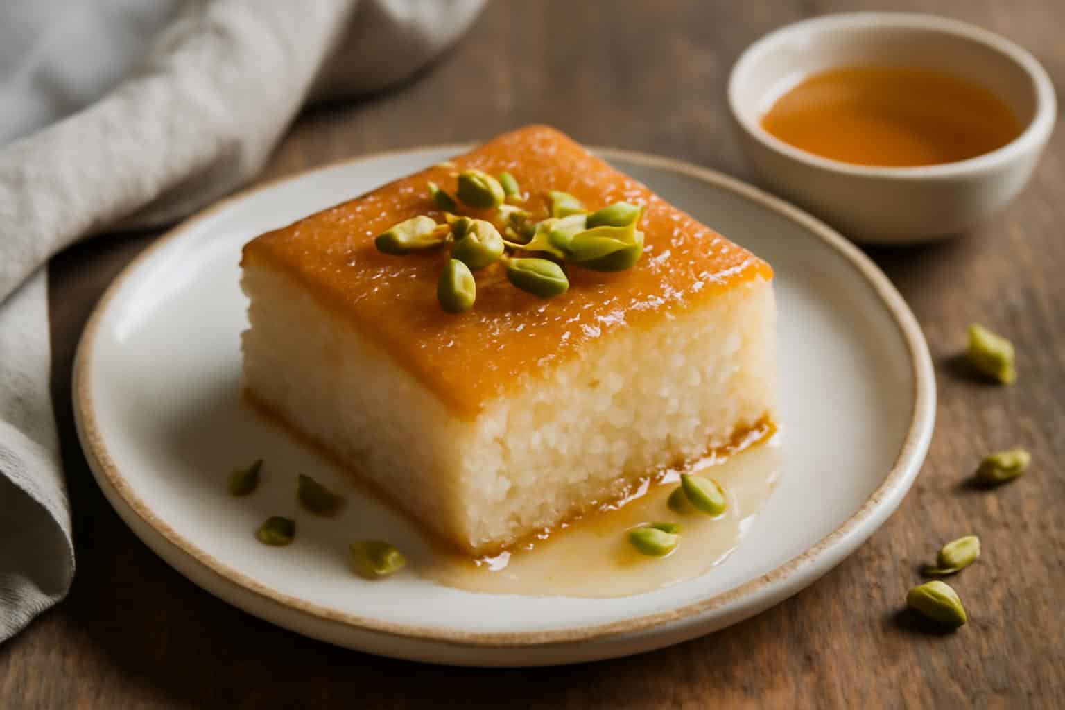 Creamy homemade basbousa with bread garnished with pistachios on rustic surface