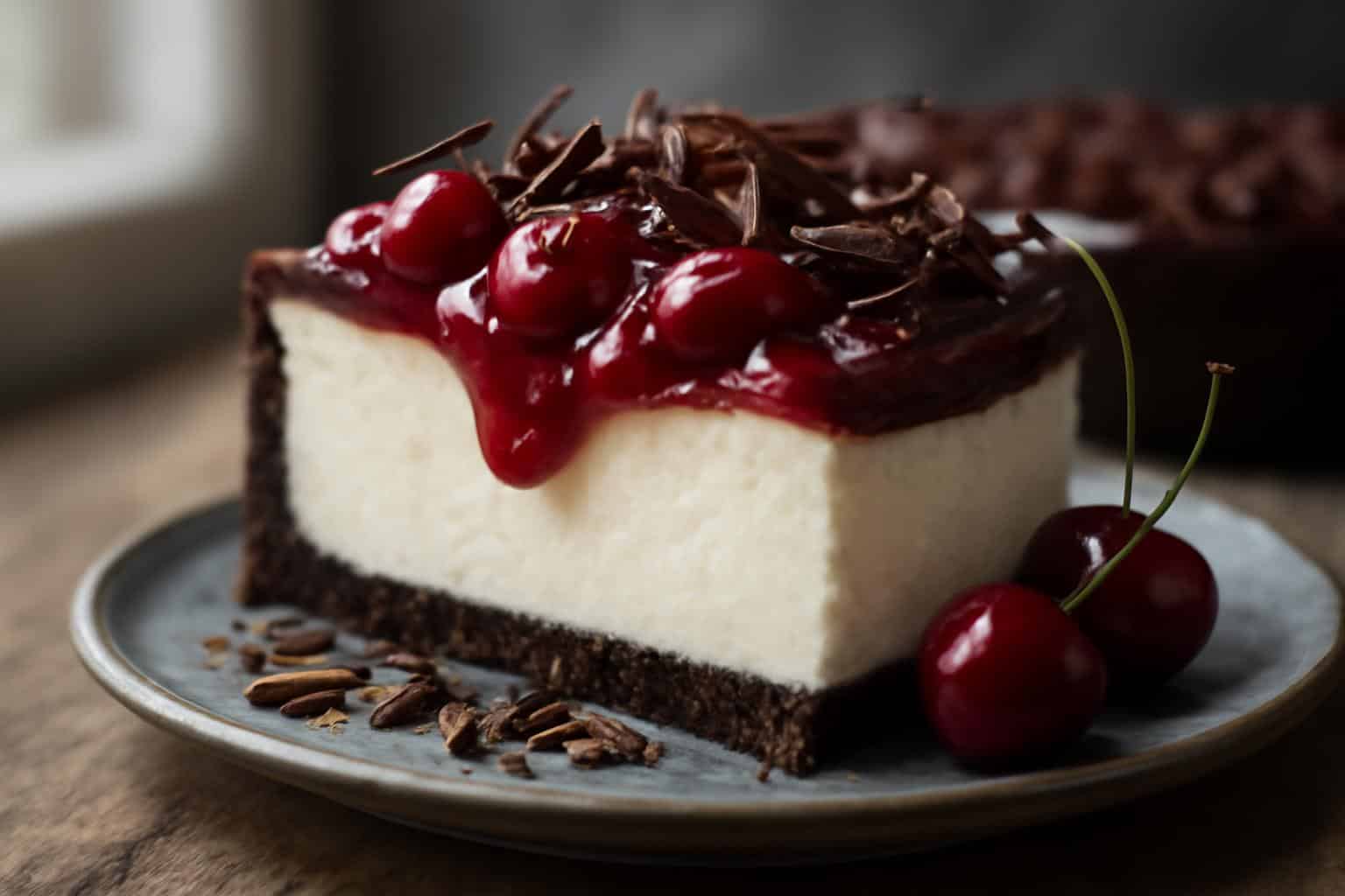 slice of black forest cheesecake with cherry topping and chocolate shavings on rustic surface