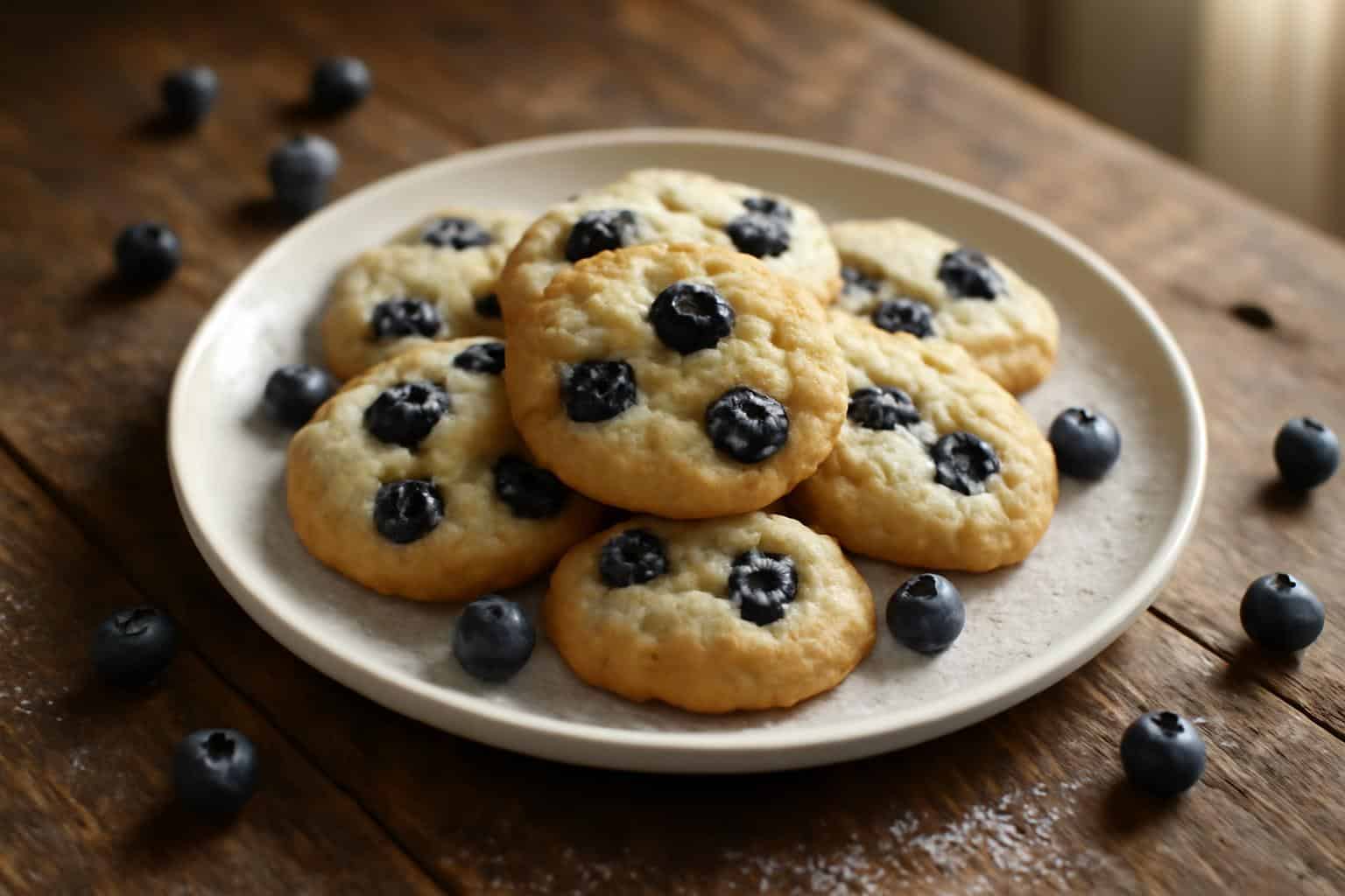 Plate of soft blueberry bliss cookies on rustic table with fresh blueberries and powdered sugar