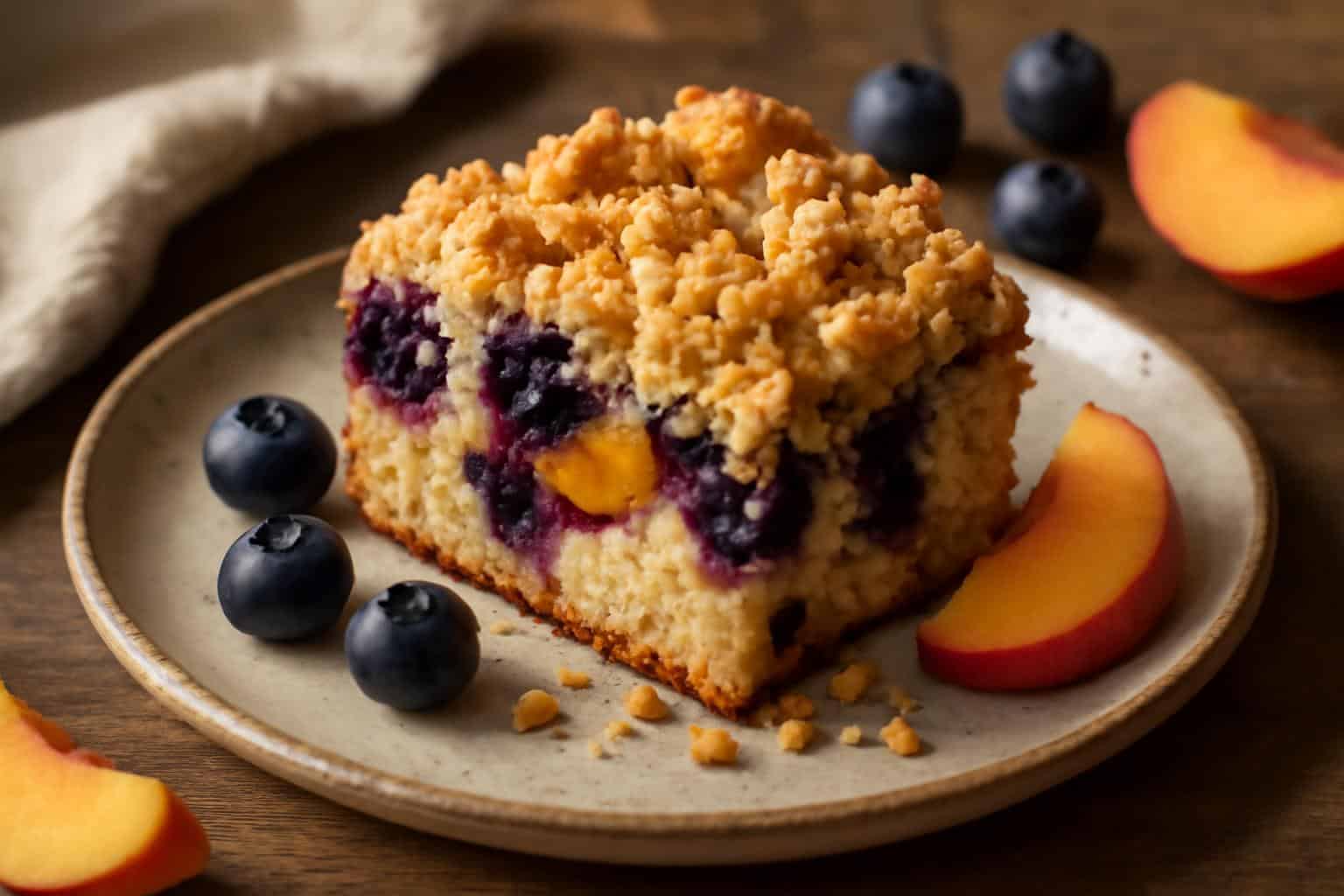 Slice of blueberry peach crumb cake with crumb topping on rustic plate, blueberry peach crumb cake