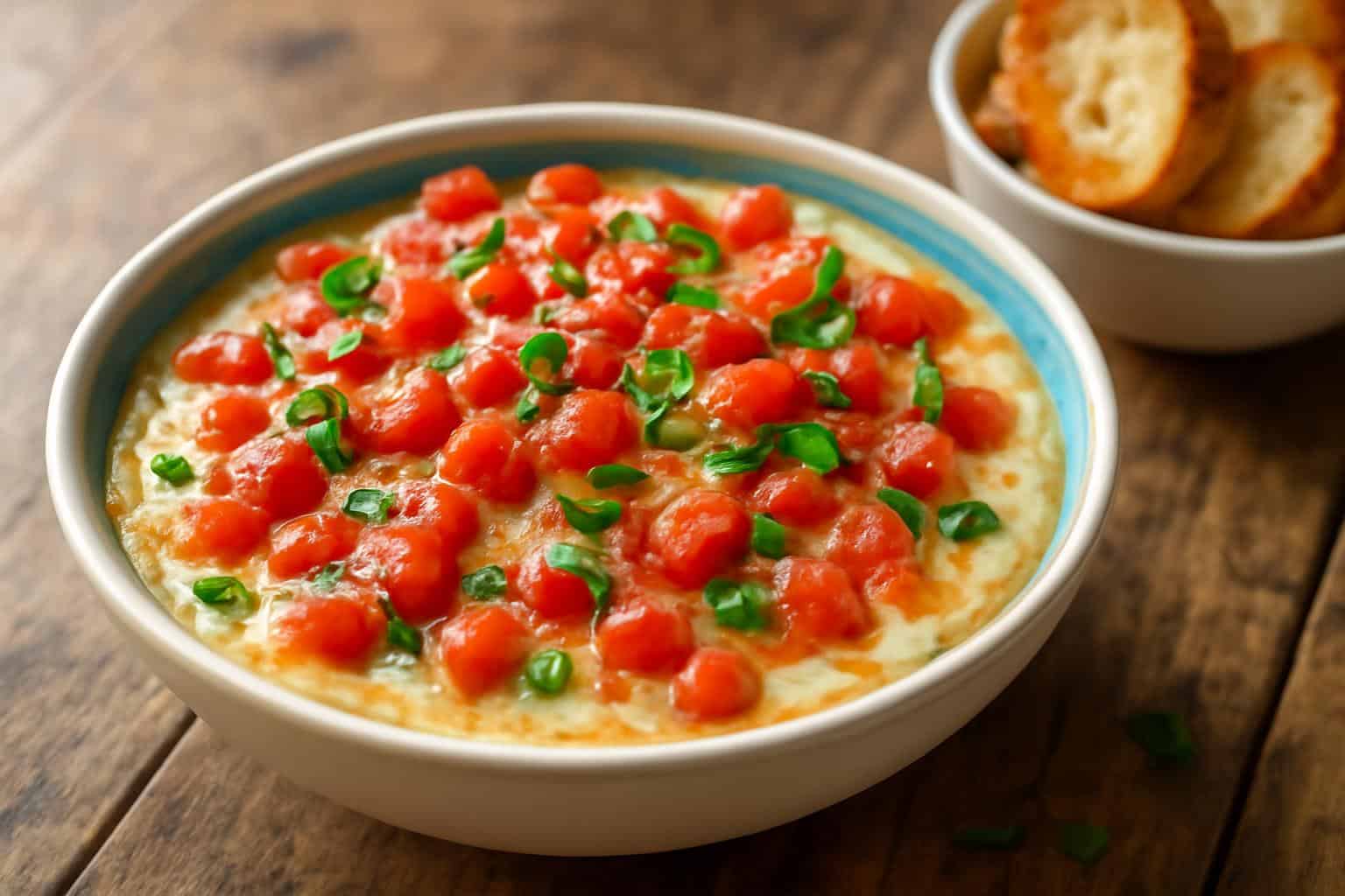 Creamy bruschetta dip topped with tomatoes and basil, served as a party appetizer