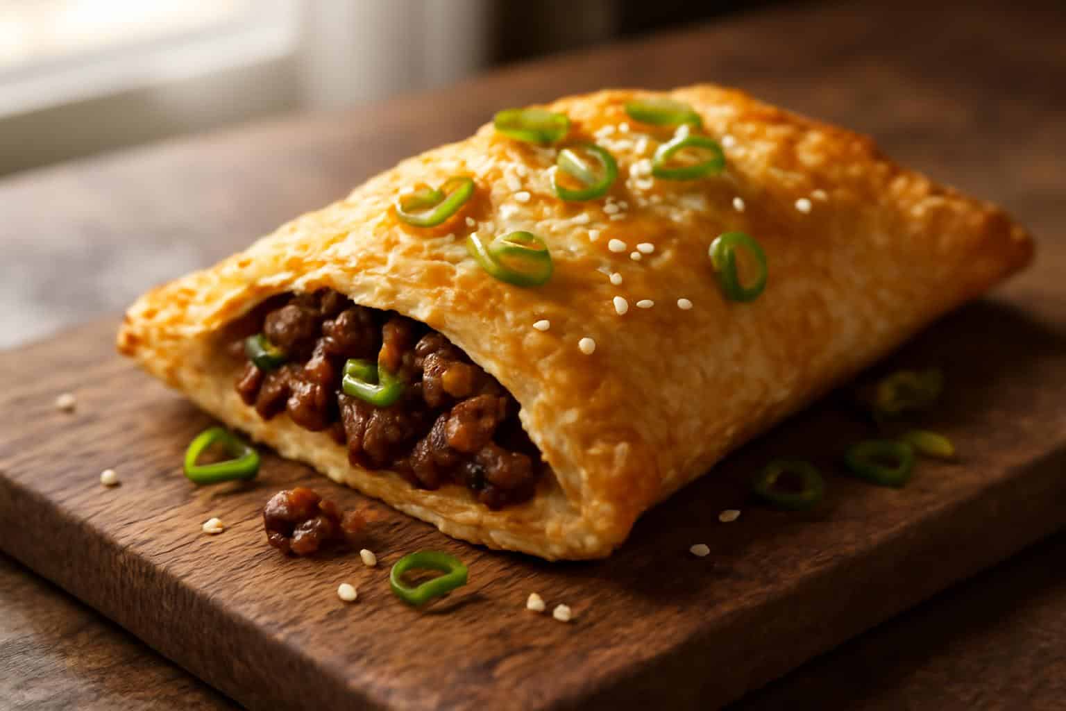 crispy golden bulgogi hot pocket with sesame and green onion garnish