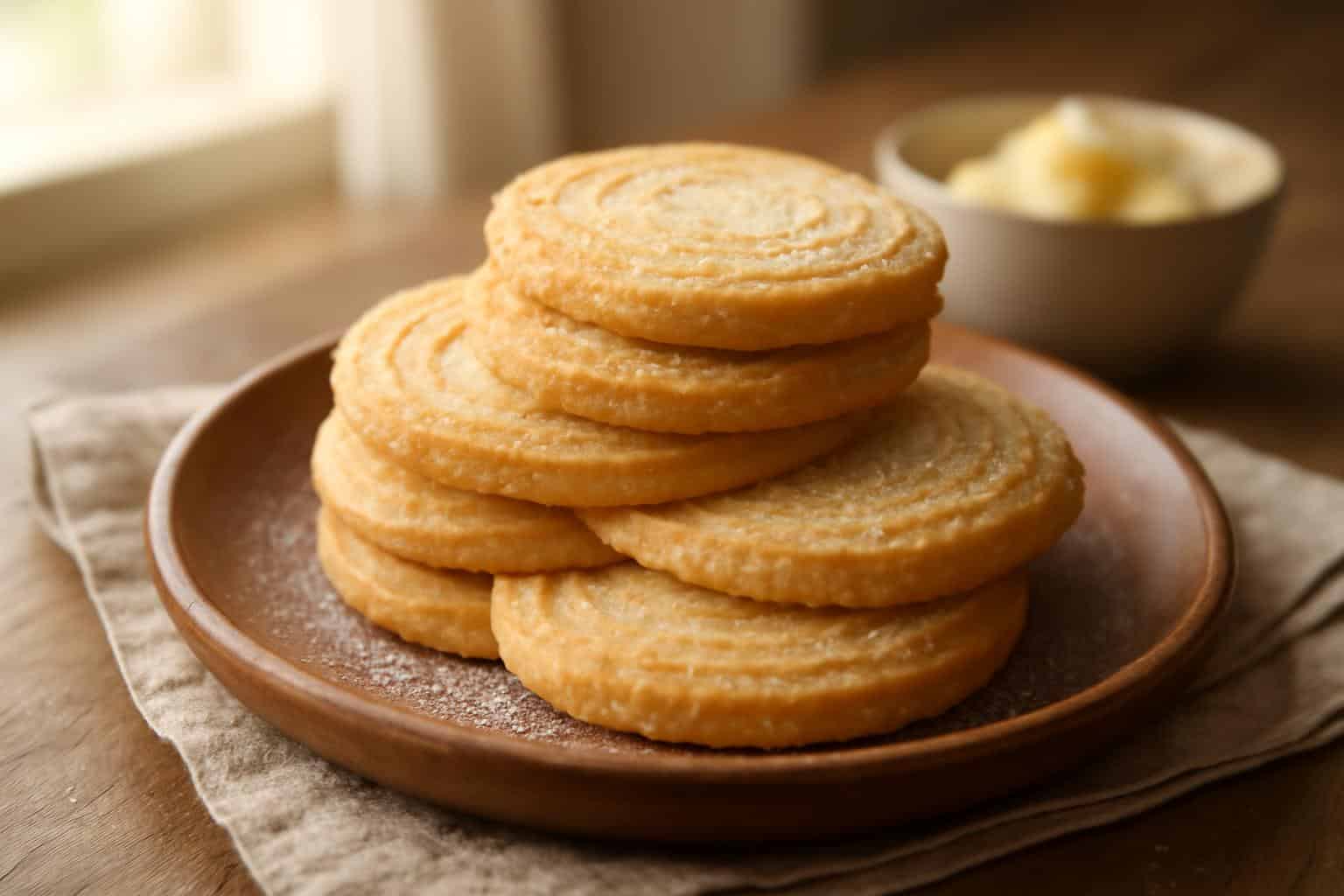 Golden crispy homemade butter cookies stacked on rustic wooden plate with powdered sugar