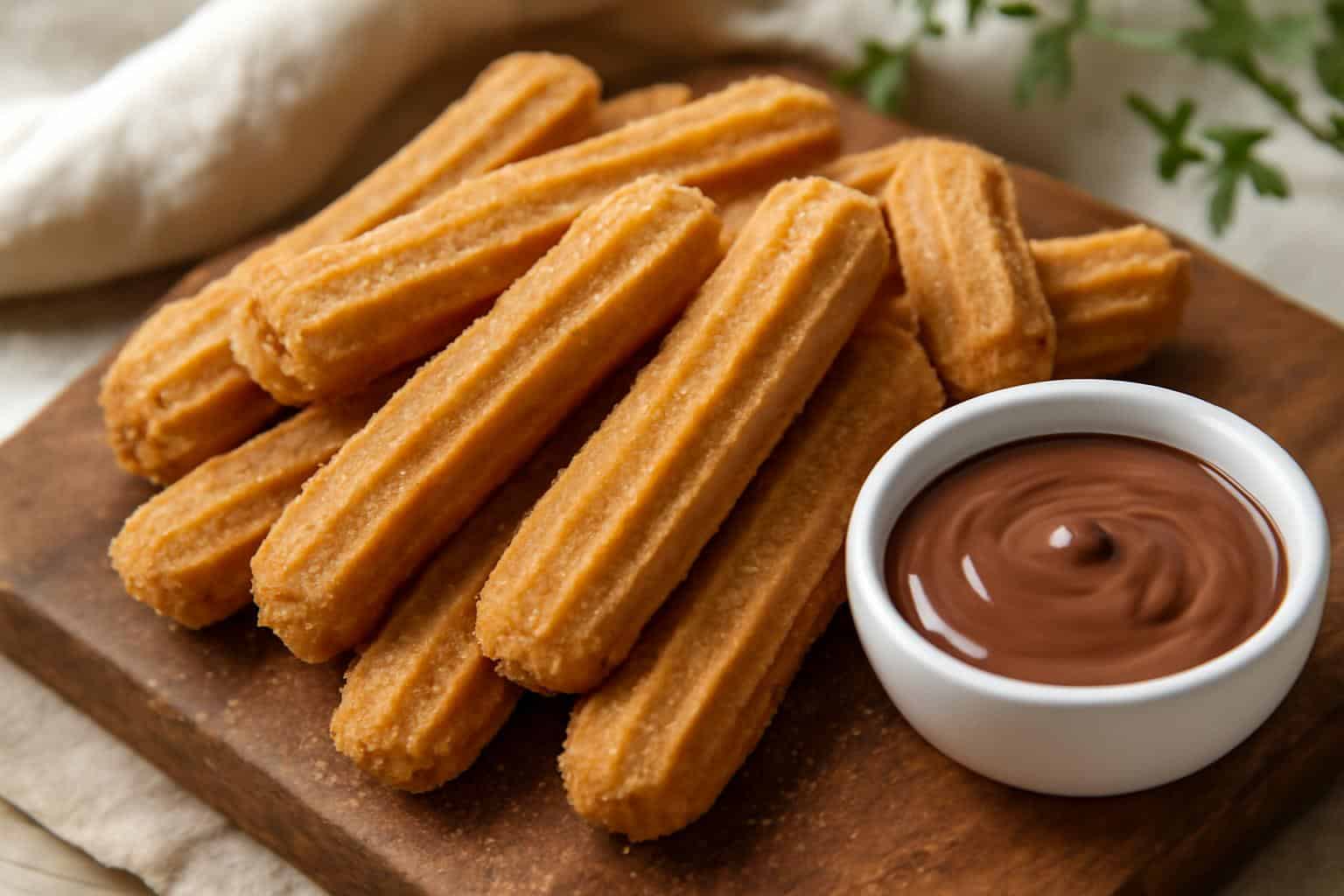 Easy homemade churros crispy air fryer with creamy chocolate dip on wooden board