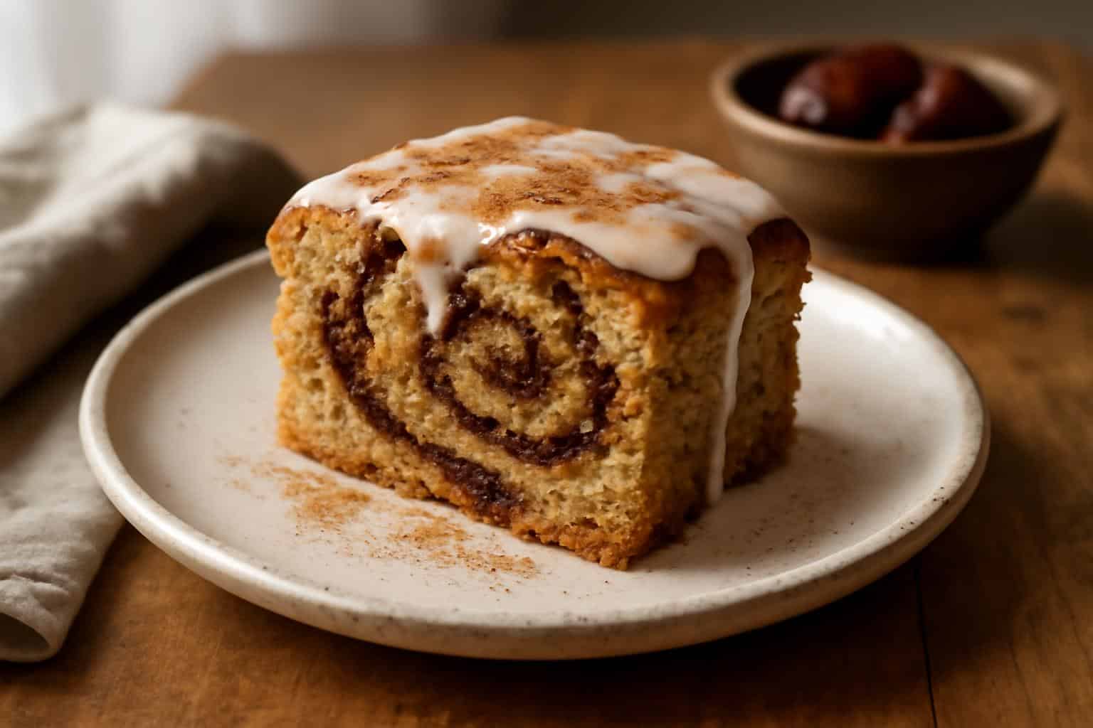 Moist cinnamon roll date cake slice with cinnamon swirls and dairy-free glaze, gluten-free dessert