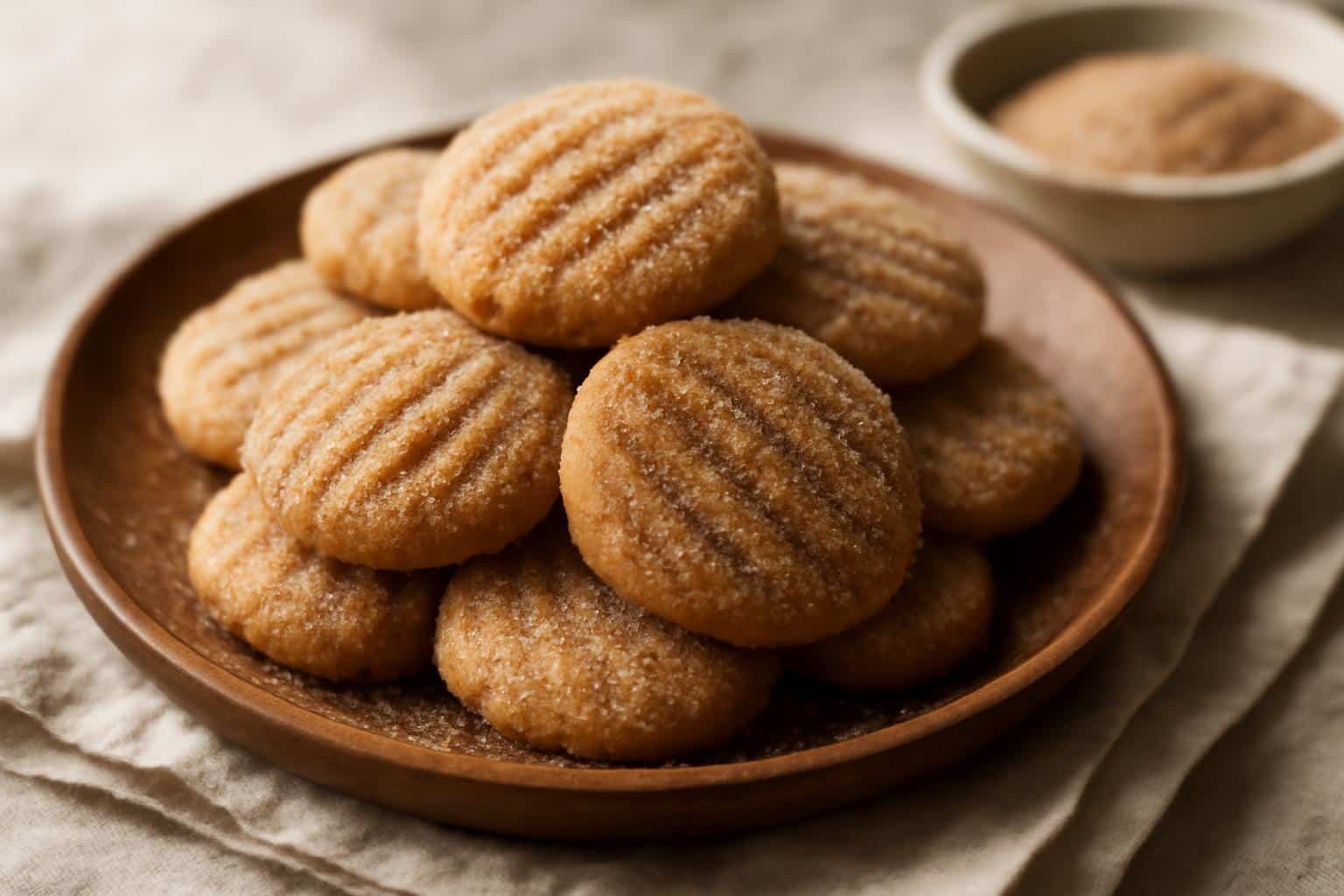 Soft cinnamon sugar churro cookies dusted with sugar and cinnamon on rustic plate