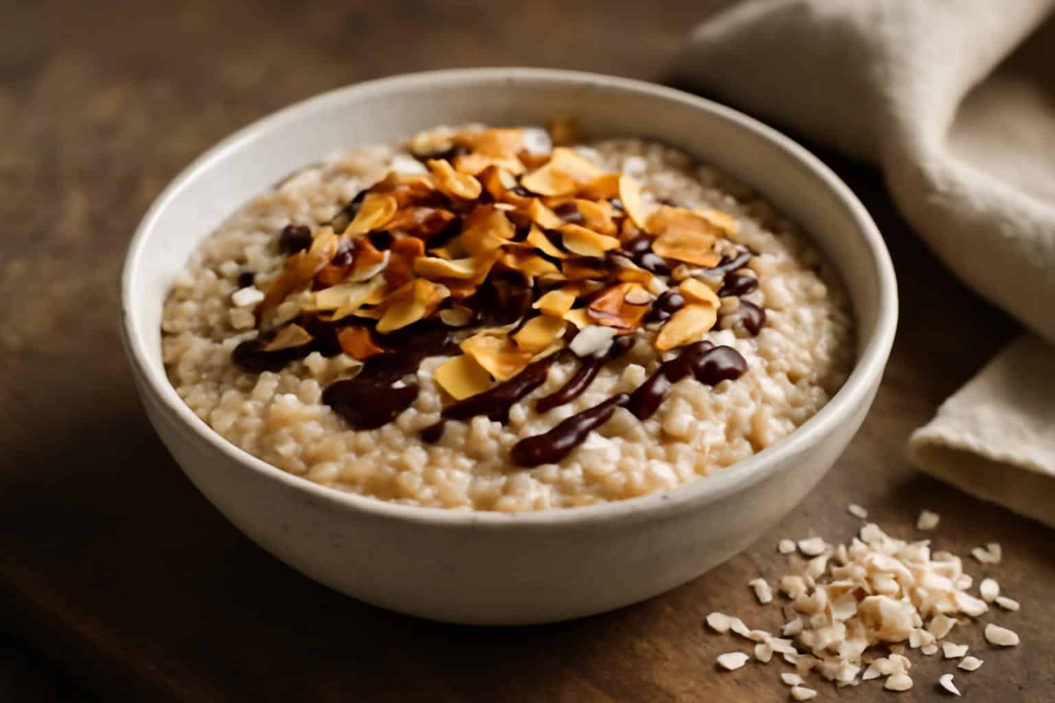 Creamy and crispy homemade cocostar oats in a bowl garnished with toasted coconut flakes