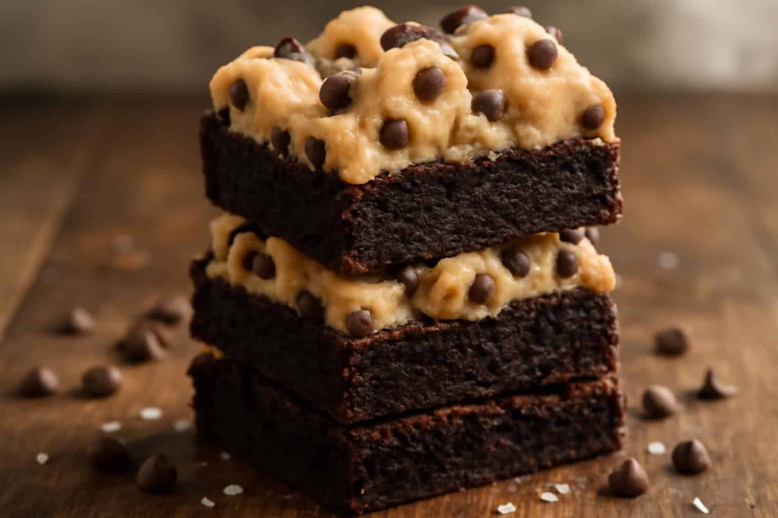 Stack of easy homemade cookie dough brownies with creamy cookie dough topping and chocolate chips