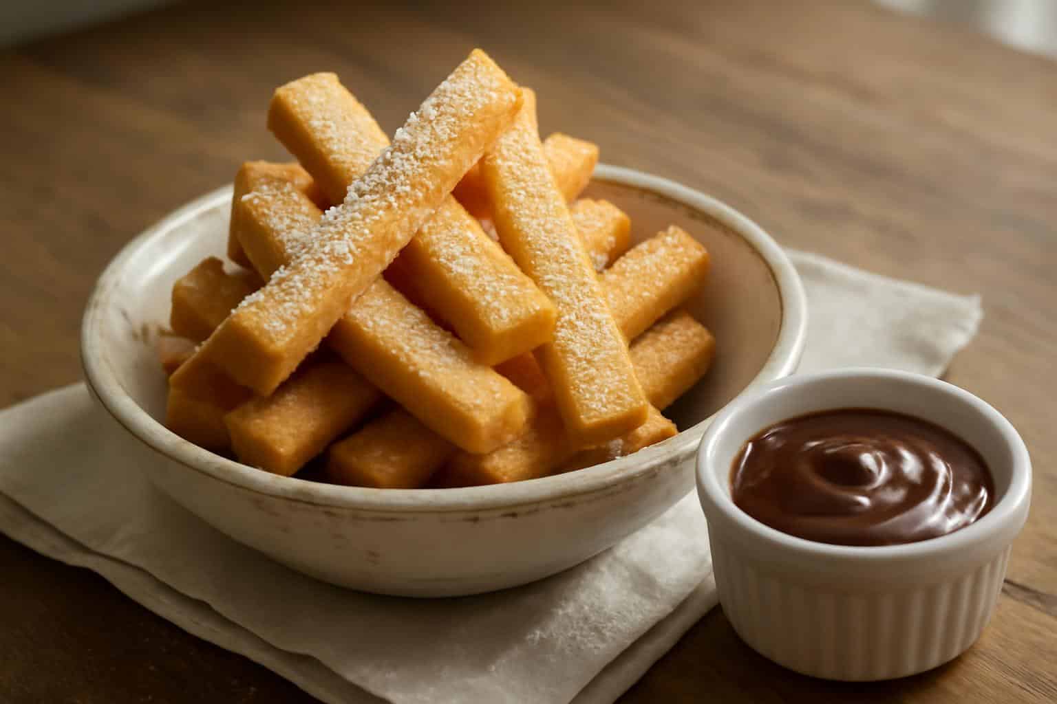 crispy homemade cookie fries stacked in a bowl with chocolate dipping sauce