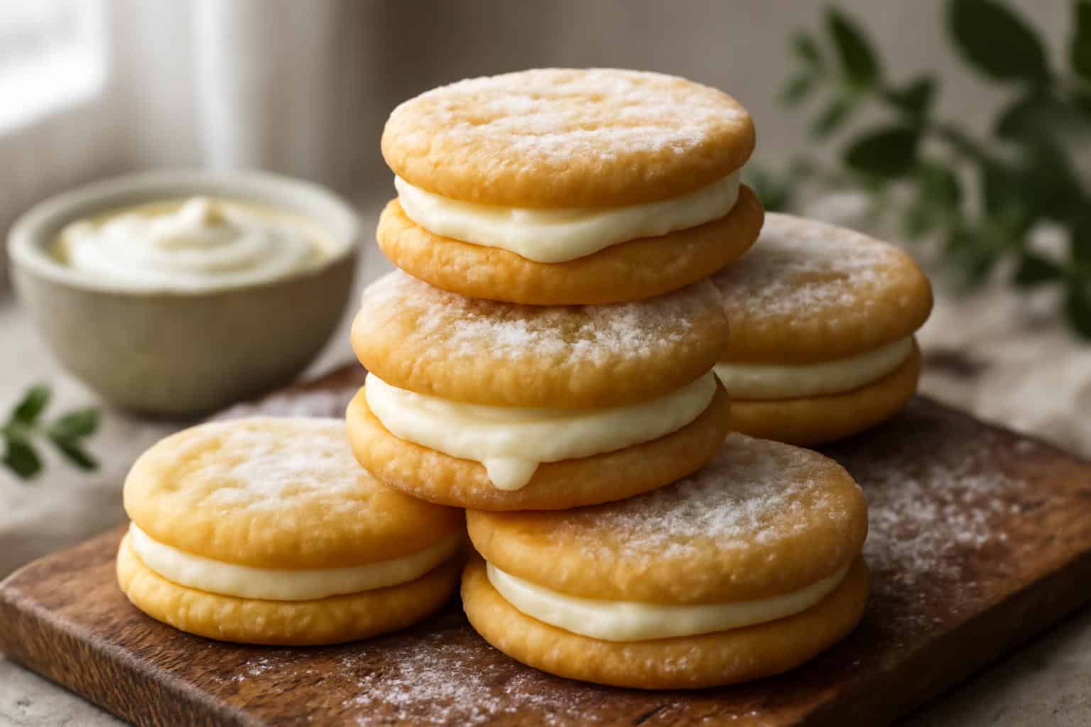 Golden cream-filled cookies with creamy center and powdered sugar, perfect cream-filled cookies dessert