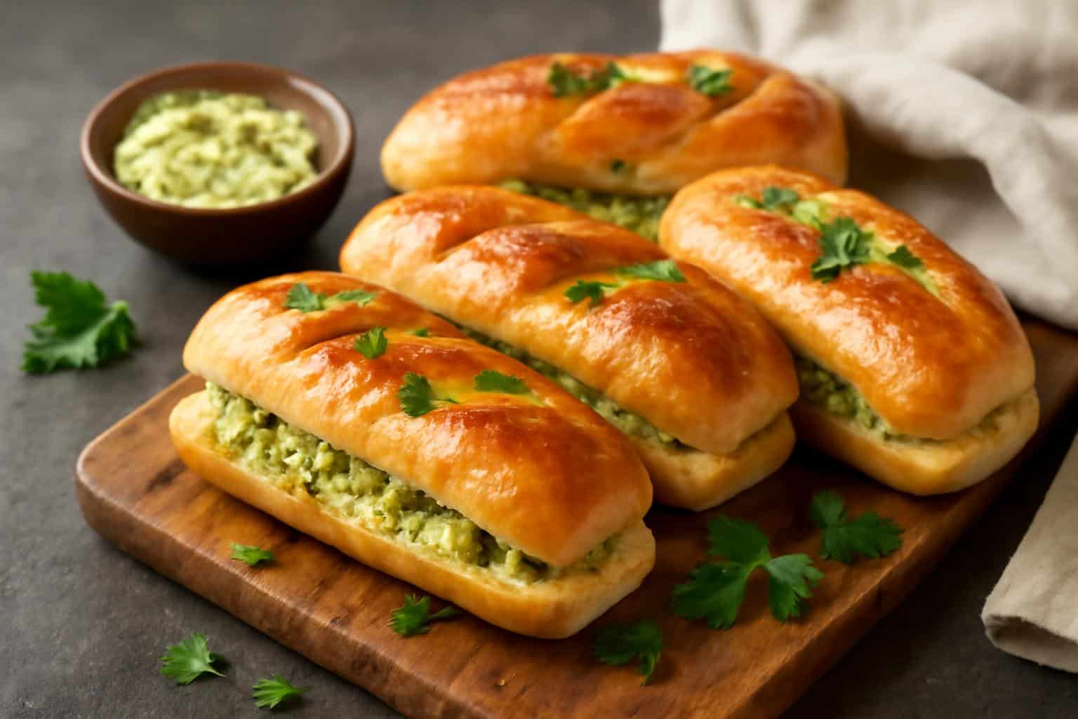 Freshly baked Cuban garlic bread sandwiches with golden crust and garlic butter