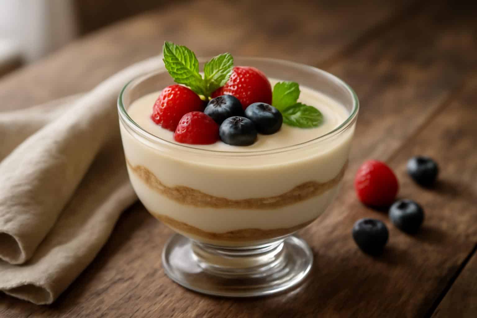 Easy homemade dessert in glass bowl with creamy layers and fresh berry garnish