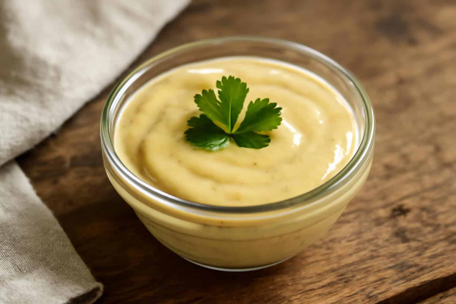 Creamy dijon vinaigrette dressing in a glass bowl garnished with parsley