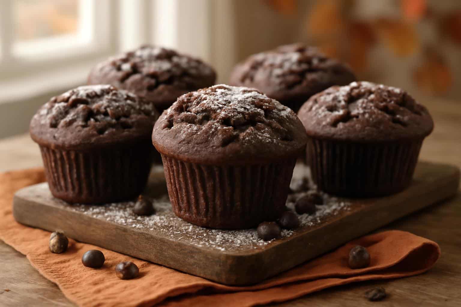 Freshly baked double chocolate muffins on wooden board with chocolate chips and powdered sugar