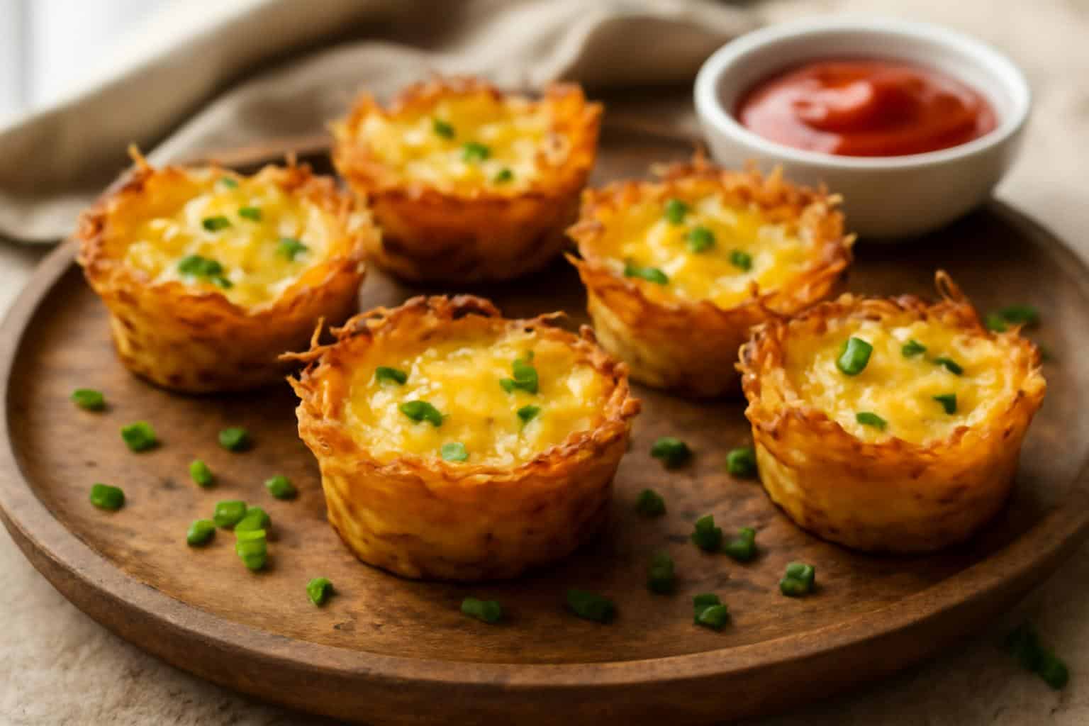 Golden crispy hash brown breakfast cups with melted cheese and chives, perfect hash brown breakfast cups