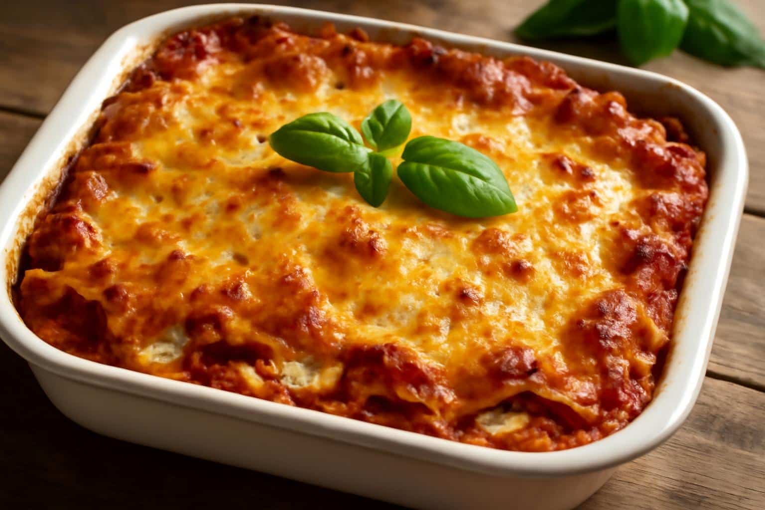 Easy homemade lasagna with ricotta cheese bubbling golden from oven
