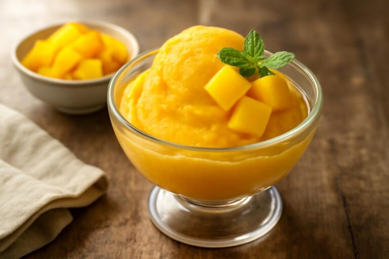 Creamy homemade mango sorbet in a glass bowl garnished with fresh mango cubes and mint