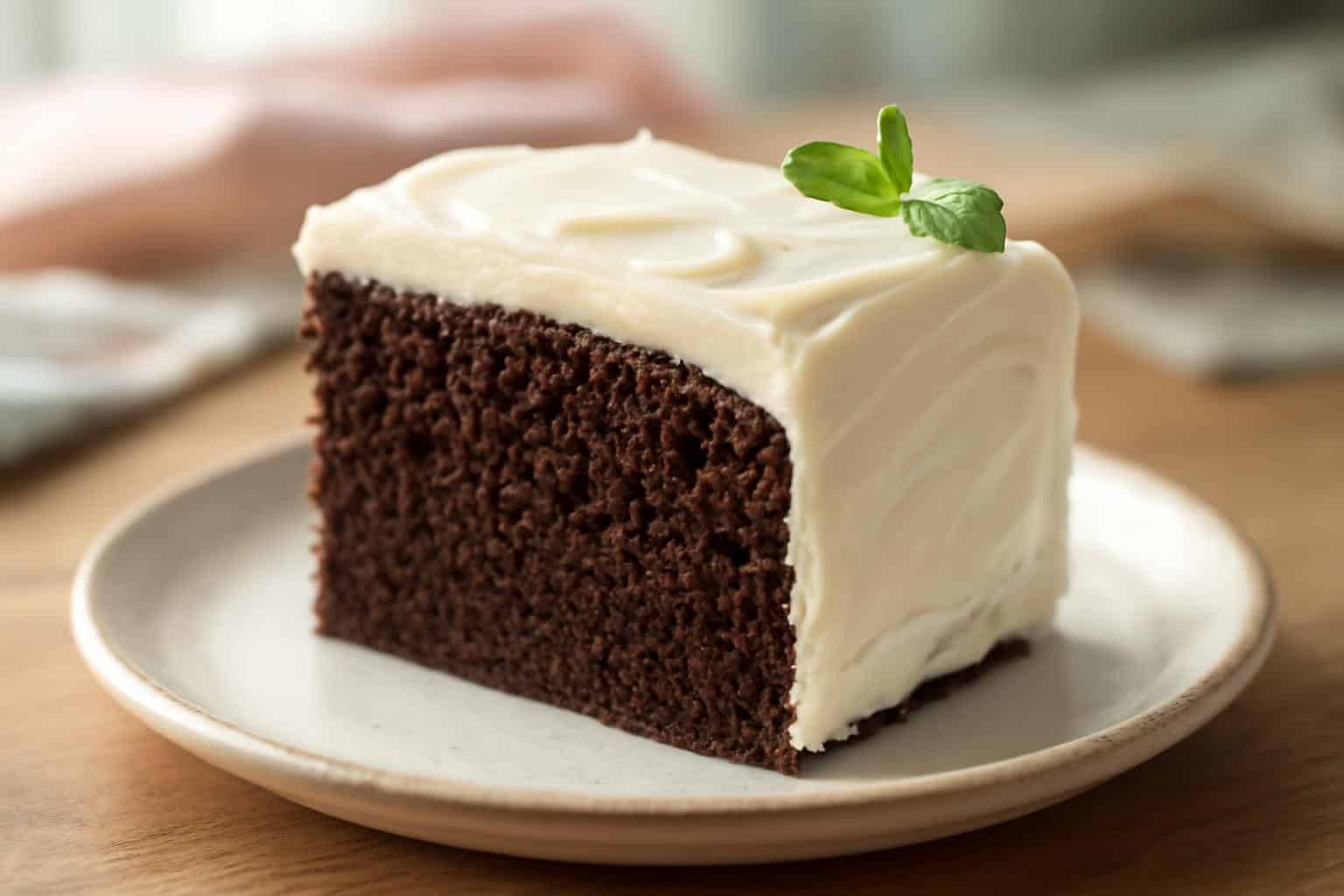 A slice of creamy homemade matilda cake with rich frosting on a white plate