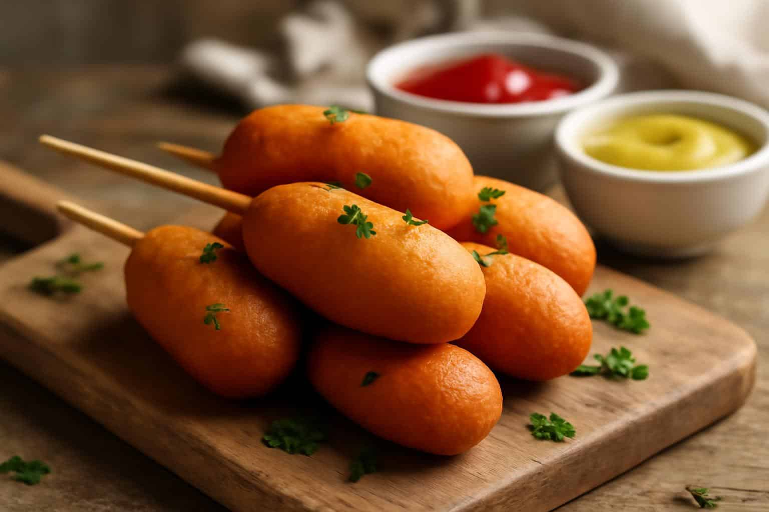 Golden crispy homemade mini corn dogs with dipping sauces, showcasing mini corn dogs